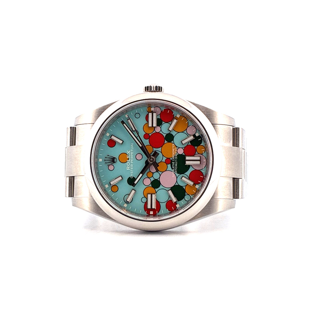 Rolex Oyster Perpetual 41 mit buntem Zifferblatt und Stahlarmband Frontalansicht