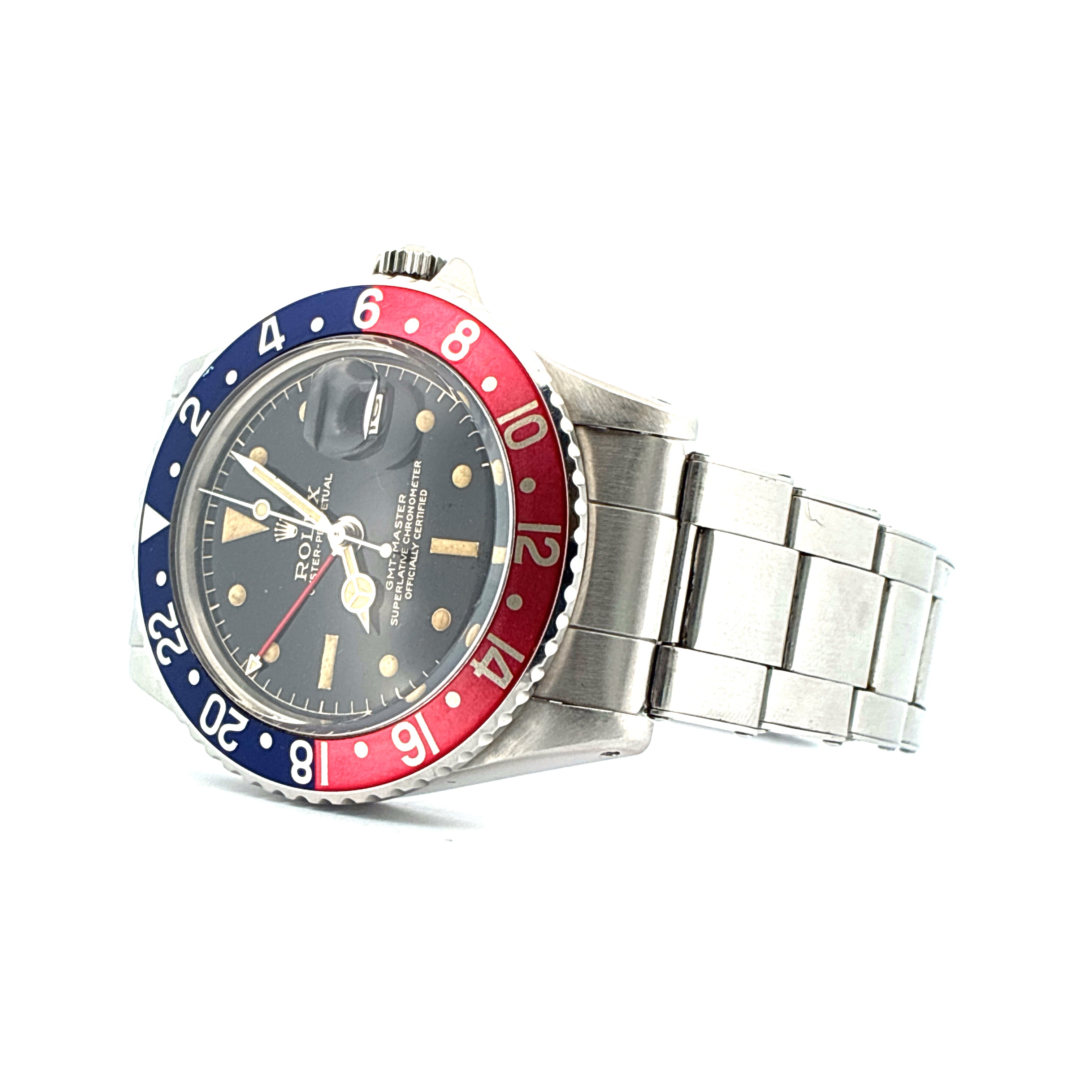 GMT-Master / Vintage / Radium / Pointed crown guard / org. Box / Glossy Gilt Dial / Vintage / 1963 / very good condt. / Rolex Rivet Stratch Bracelet