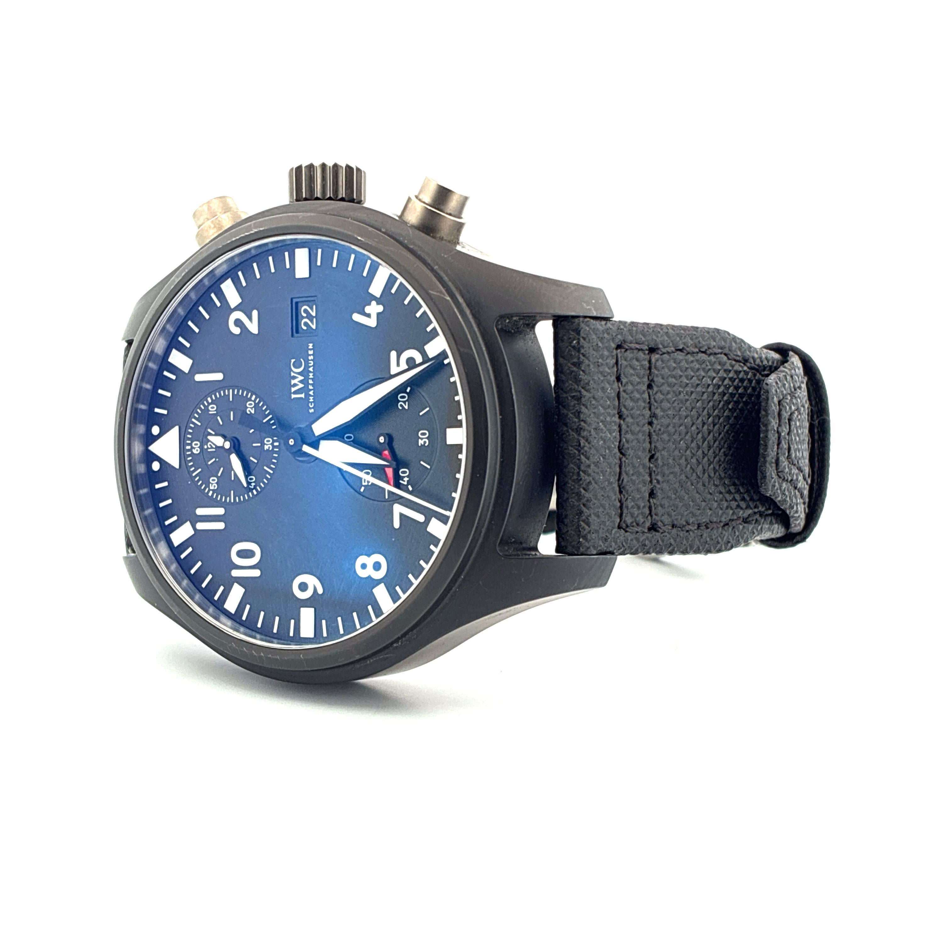 IWC Fliegeruhr Chronograph Keramik mit blauem Zifferblatt und schwarzem Textilarmband