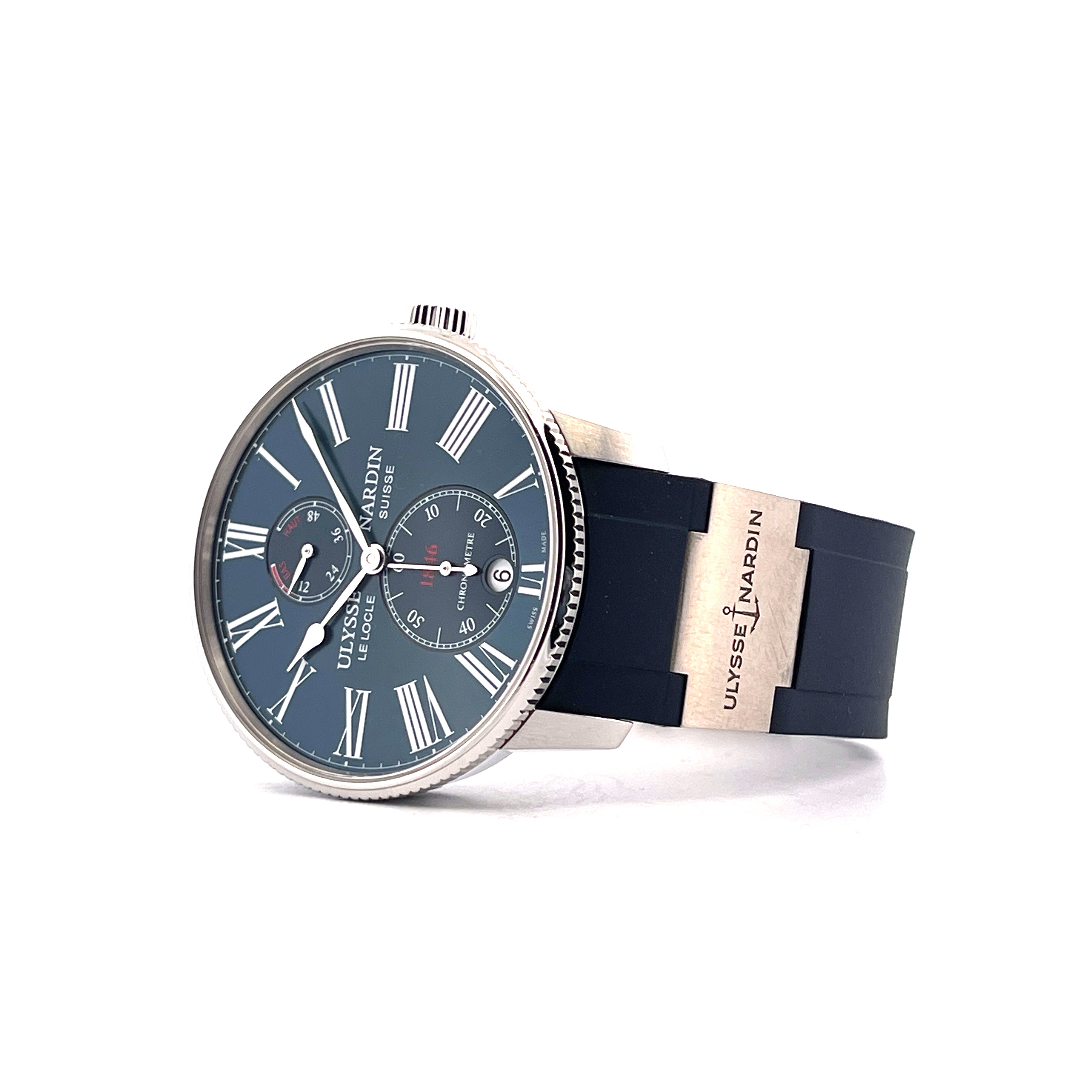 Ulysse Nardin Marine Torpilleur mit blauem Zifferblatt und dunkelblauem Kautschukband mit silberner Schließe