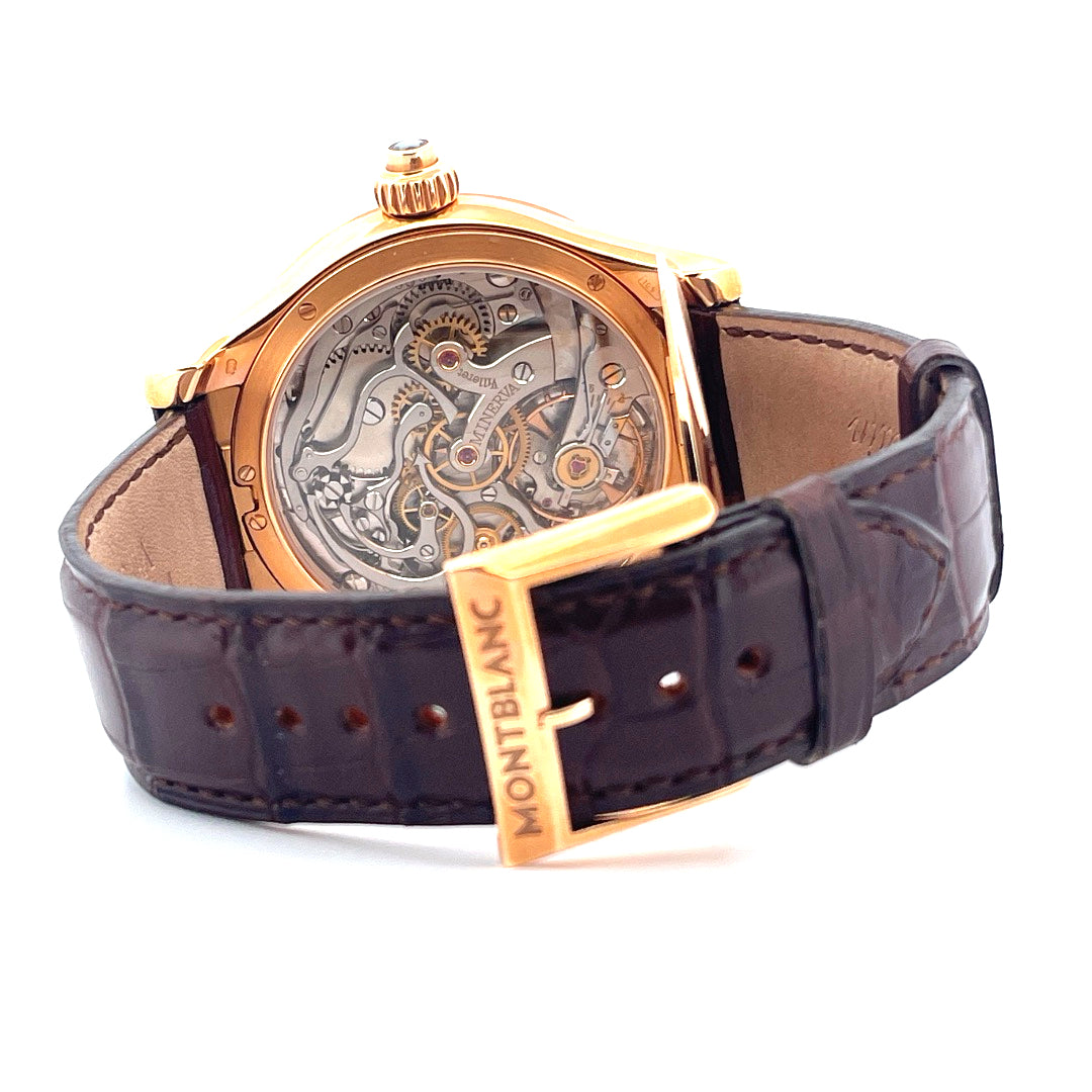 Montblanc Villeret 1858 Grand Chronographe mit Roségoldgehäuse und Lederarmband Rückseite mit Uhrwerk