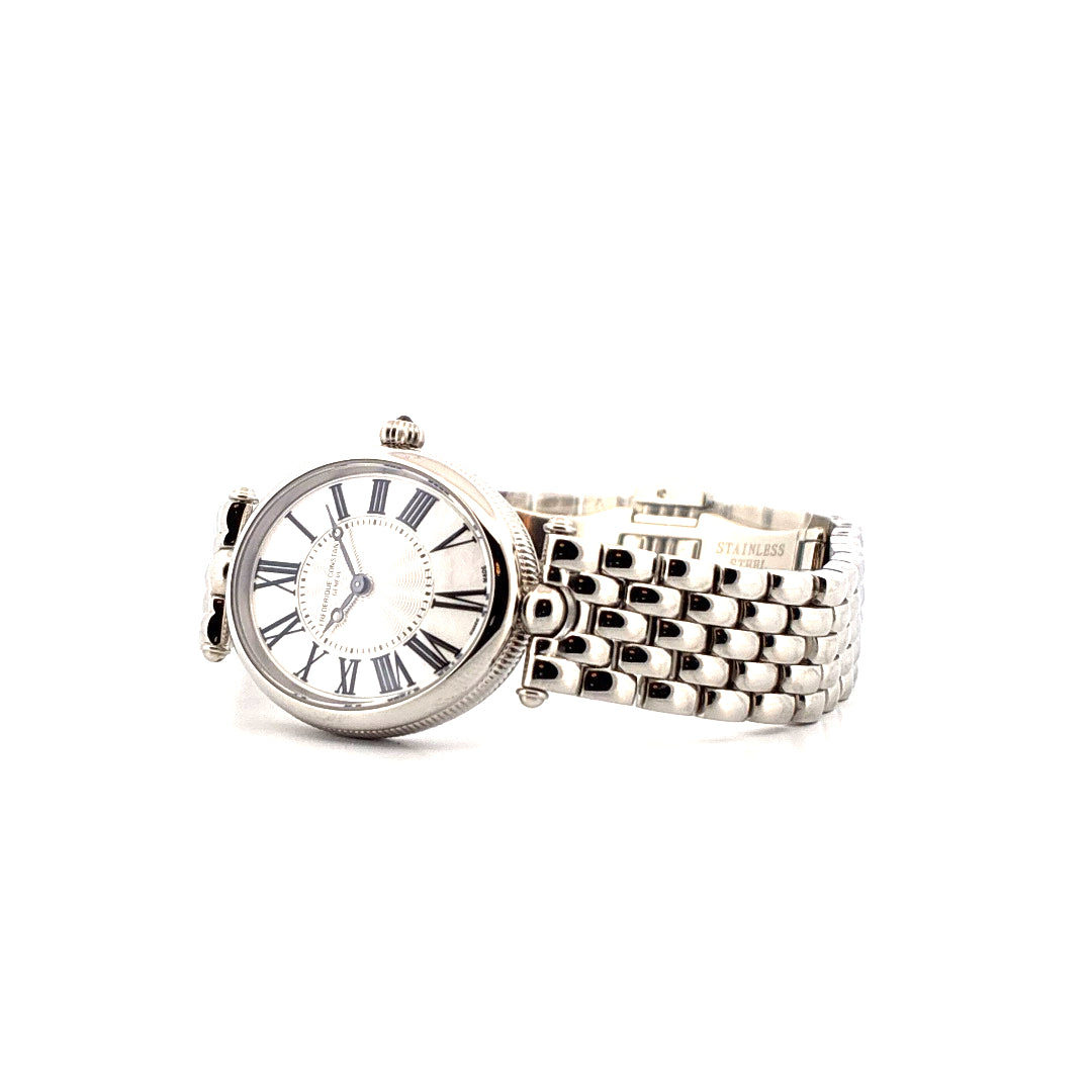 Frederique Constant Art Deco Classics Damenarmbanduhr aus Edelstahl mit römischen Ziffern auf weißem Zifferblatt