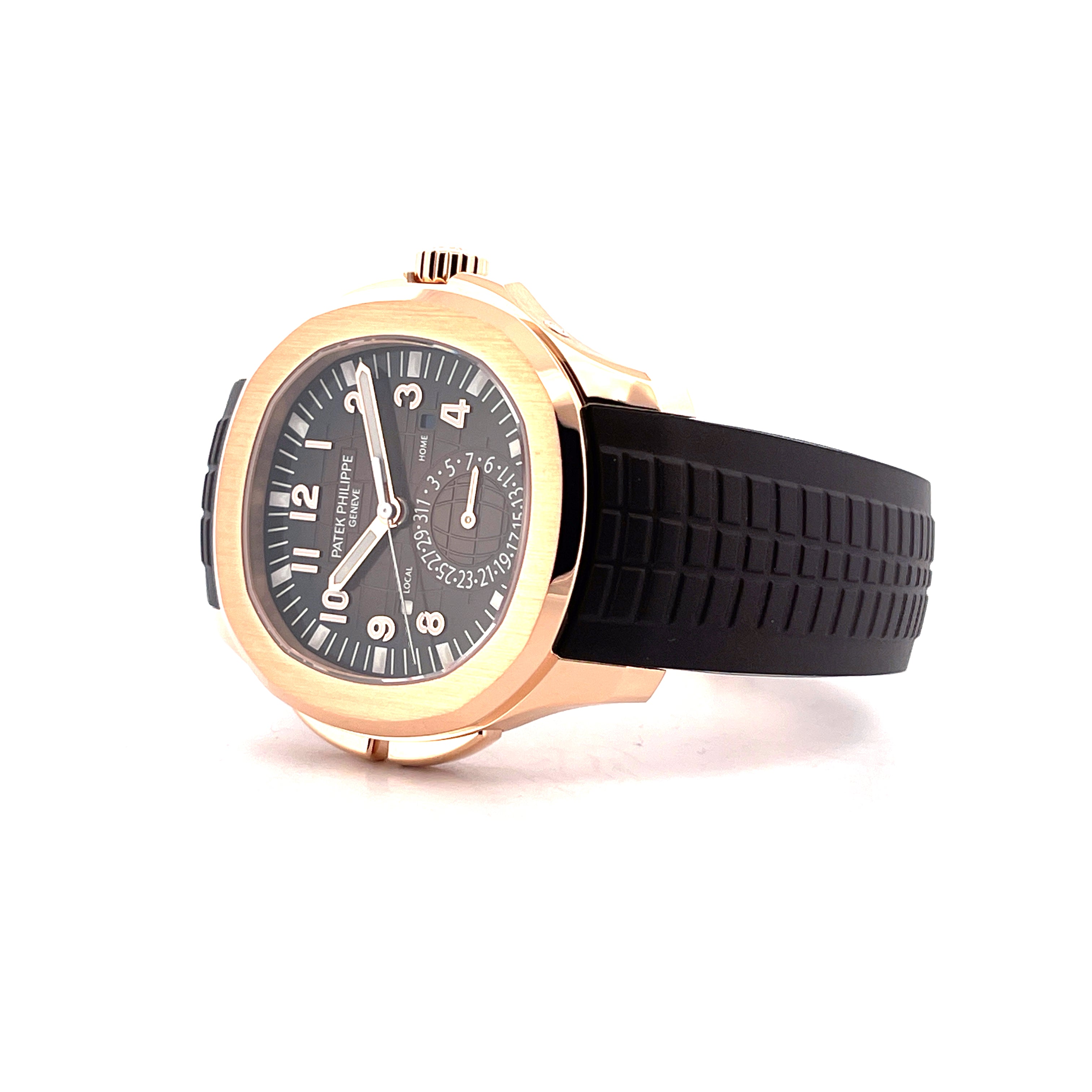 Patek Philippe Aquanaut Travel Time 5164R Roségold auf schwarzem Kautschukband, graues Zifferblatt, Automatikwerk