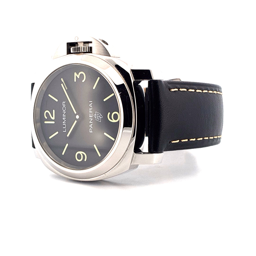 Panerai Luminor Base Logo 38mm Edelstahl Automatik mit schwarzem Lederarmband und grauem Zifferblatt