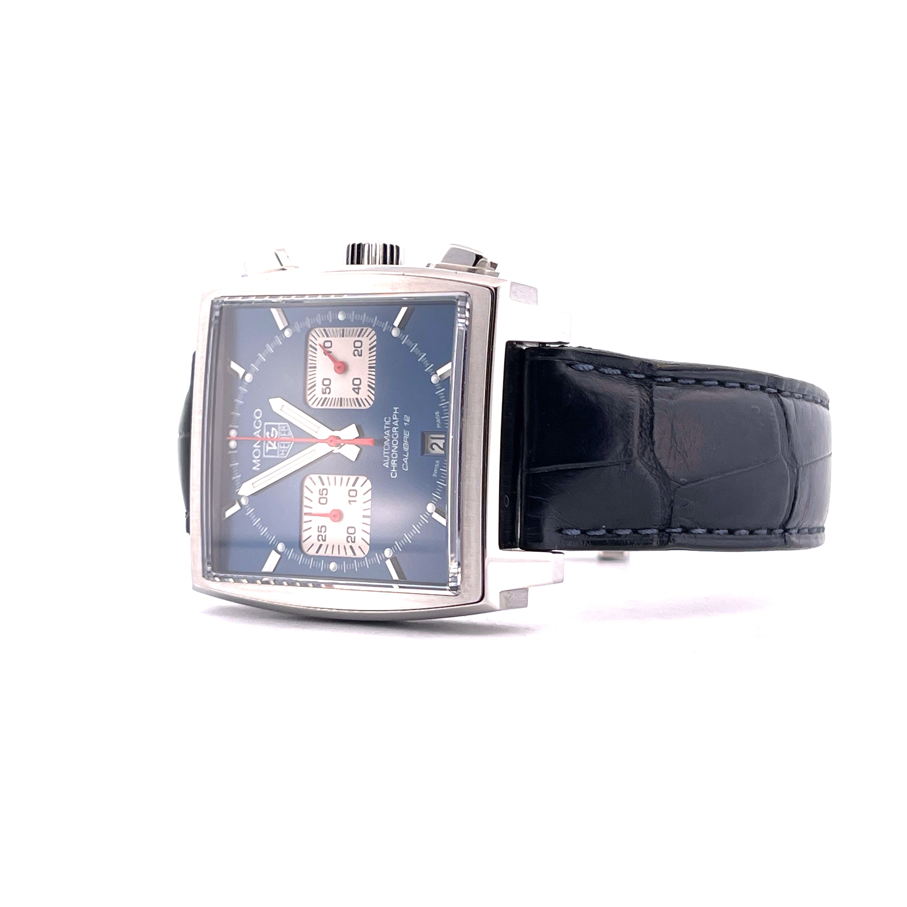 Tag Heuer Monaco CAW2111 Automatik-Chronograph mit blauem Zifferblatt und dunkelblauem Lederarmband