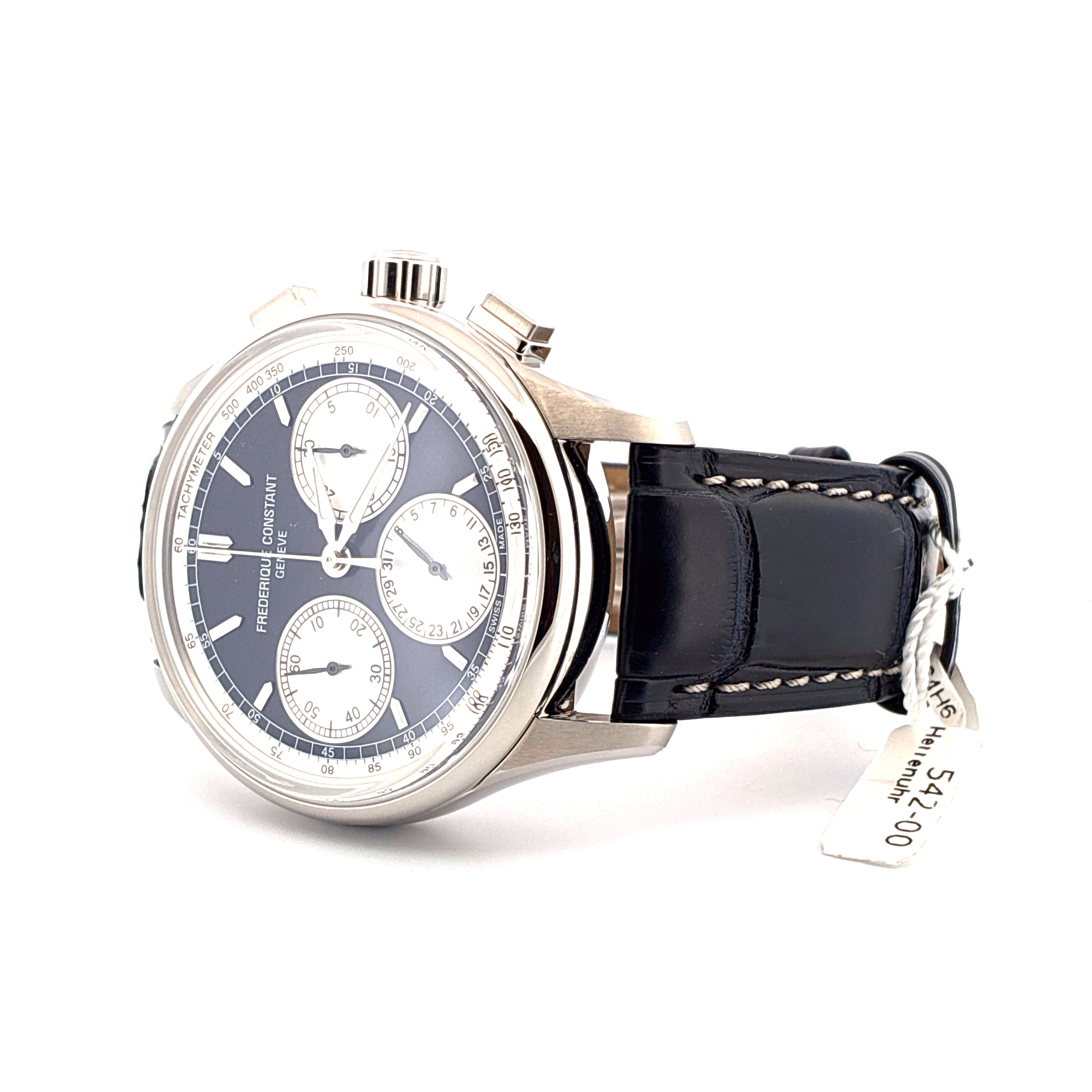Frederique Constant Manufacture Flyback Chronograph mit schwarzem Lederarmband und silbernem Gehäuse