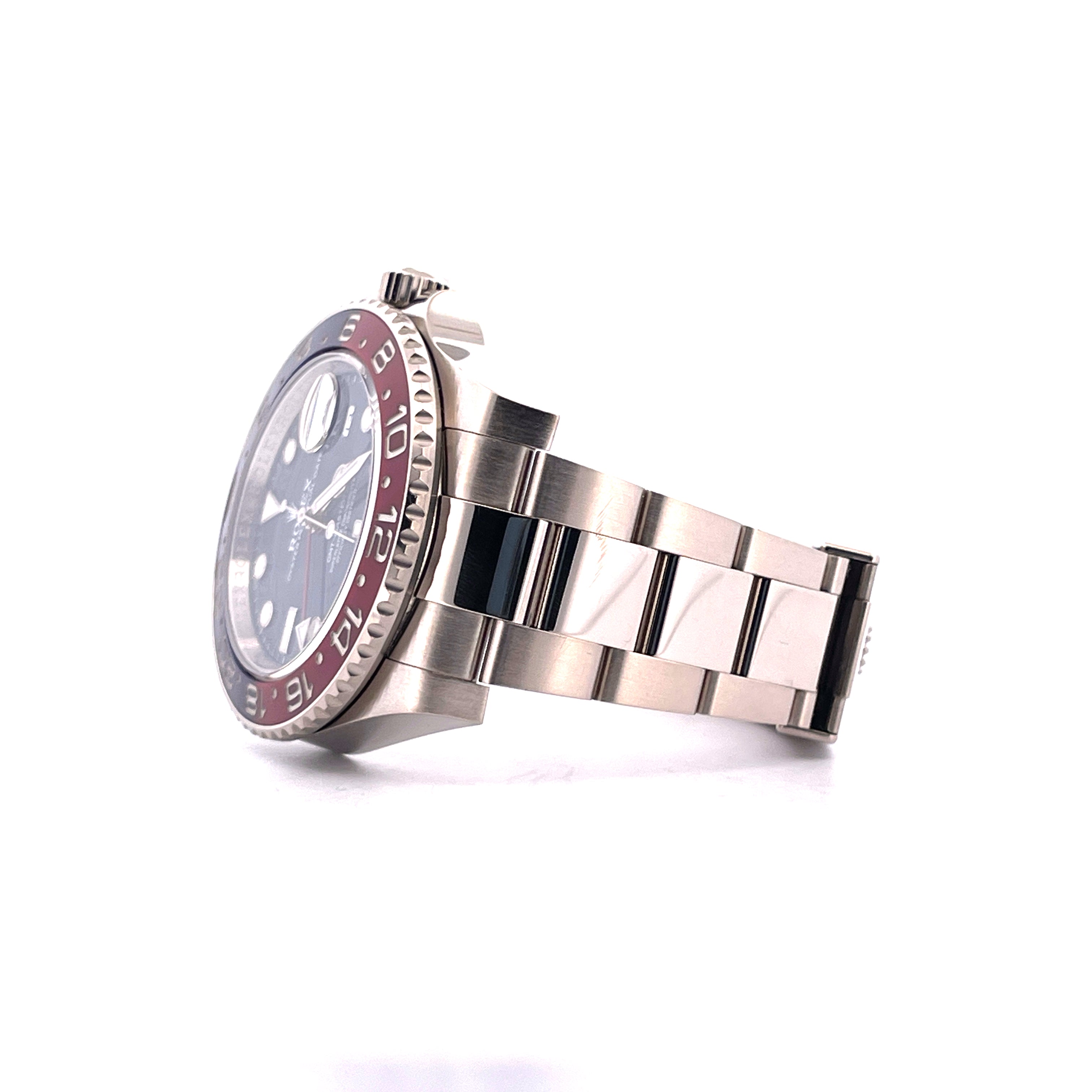 Rolex GMT-Master II Pepsi Whitegold Blue Dial aus dem Jahr 2019, Seitenansicht des Gehäuses und Armbands