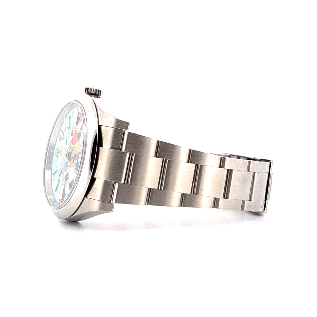 Rolex Oyster Perpetual 41 Celebration mit buntem Zifferblatt und Stahlarmband, Seitenansicht