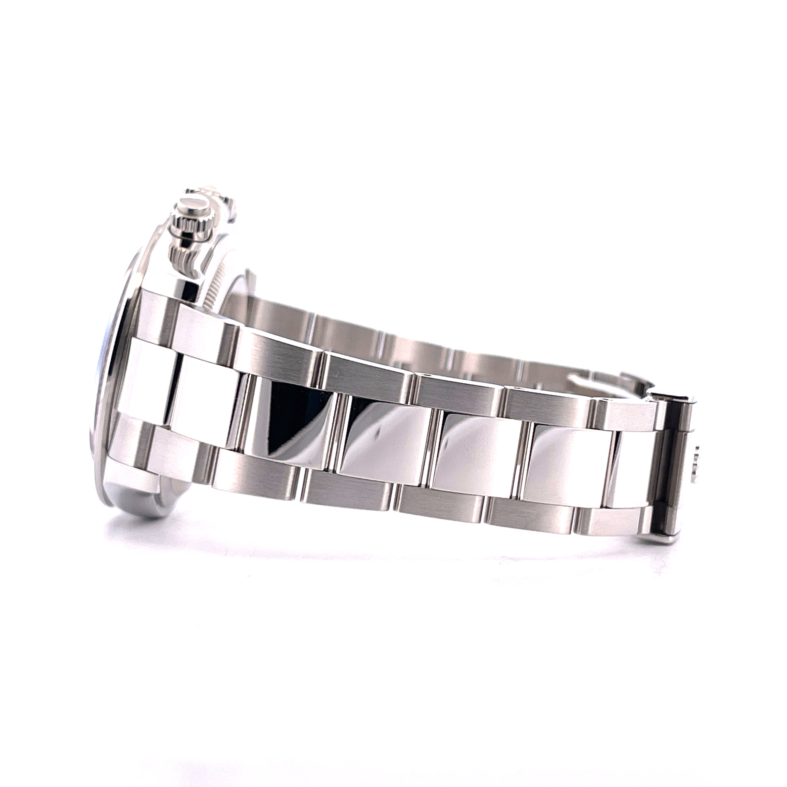 Rolex Daytona in Platin mit eisblauem Zifferblatt, Seitenansicht des polierten Metallarmbands