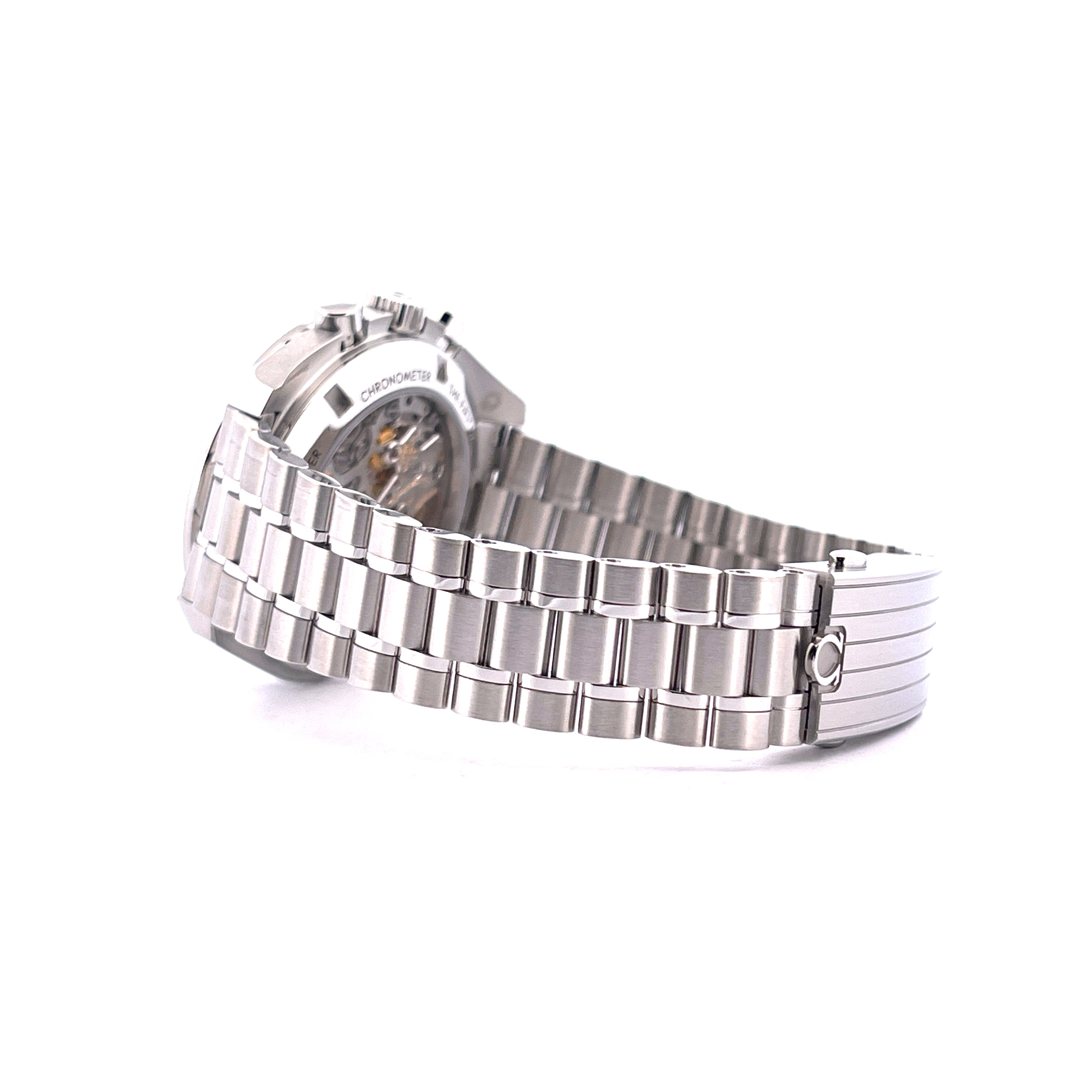 Omega Speedmaster Professional Moonwatch Edelstahl mit Sichtboden und Glanzarmband auf weißem Hintergrund