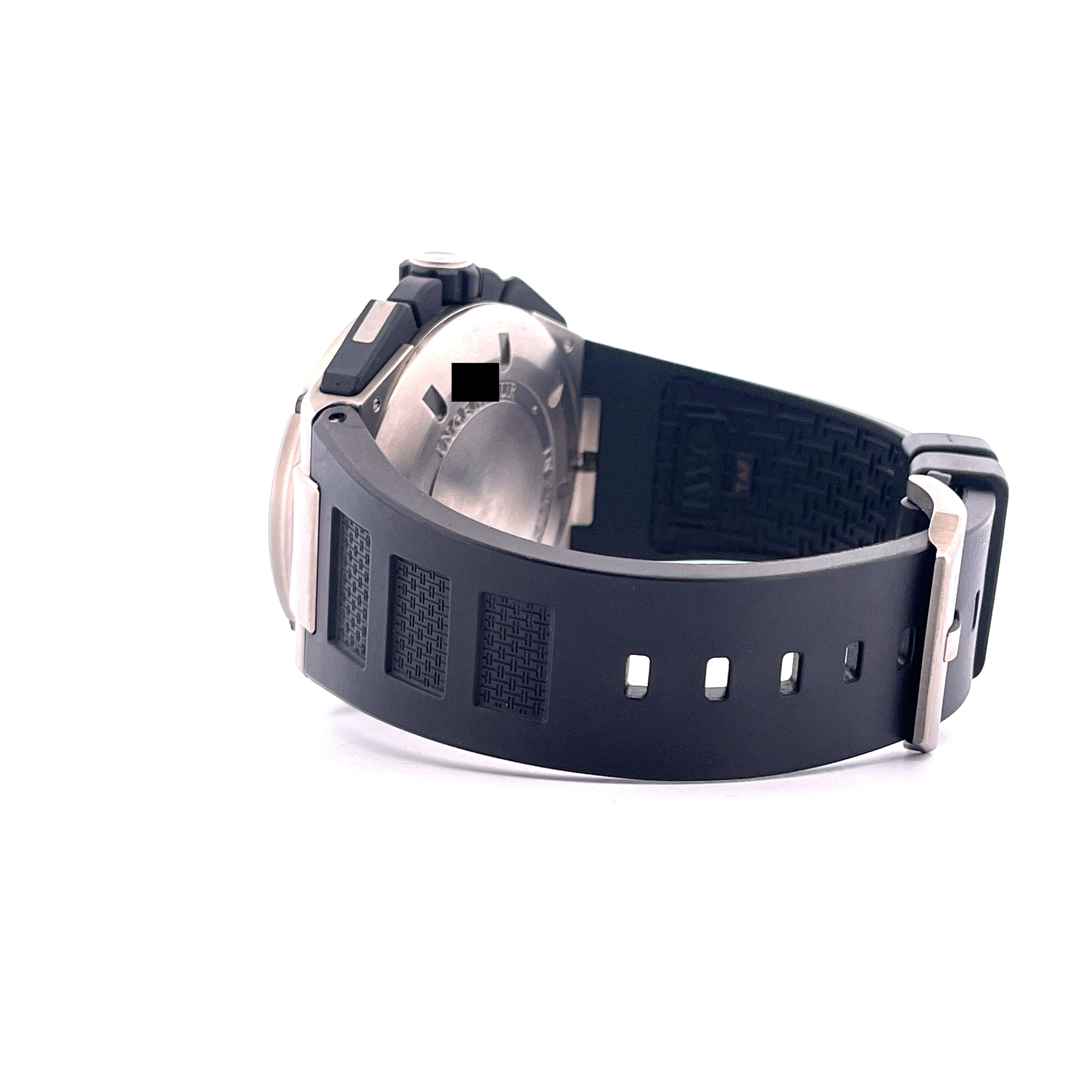 IWC Ingenieur Double Chronograph Titan Rückansicht mit schwarzem Kautschukband und silbernem Gehäuse