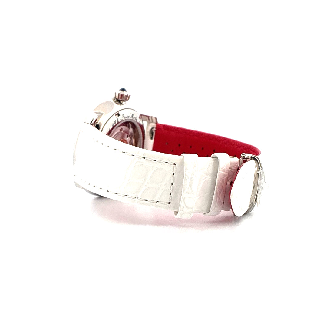 Frederique Constant Ladies Automatic Double Heart Beat 34mm neu, weißes Krokolederarmband mit rotem Futter, Edelstahlgehäuse