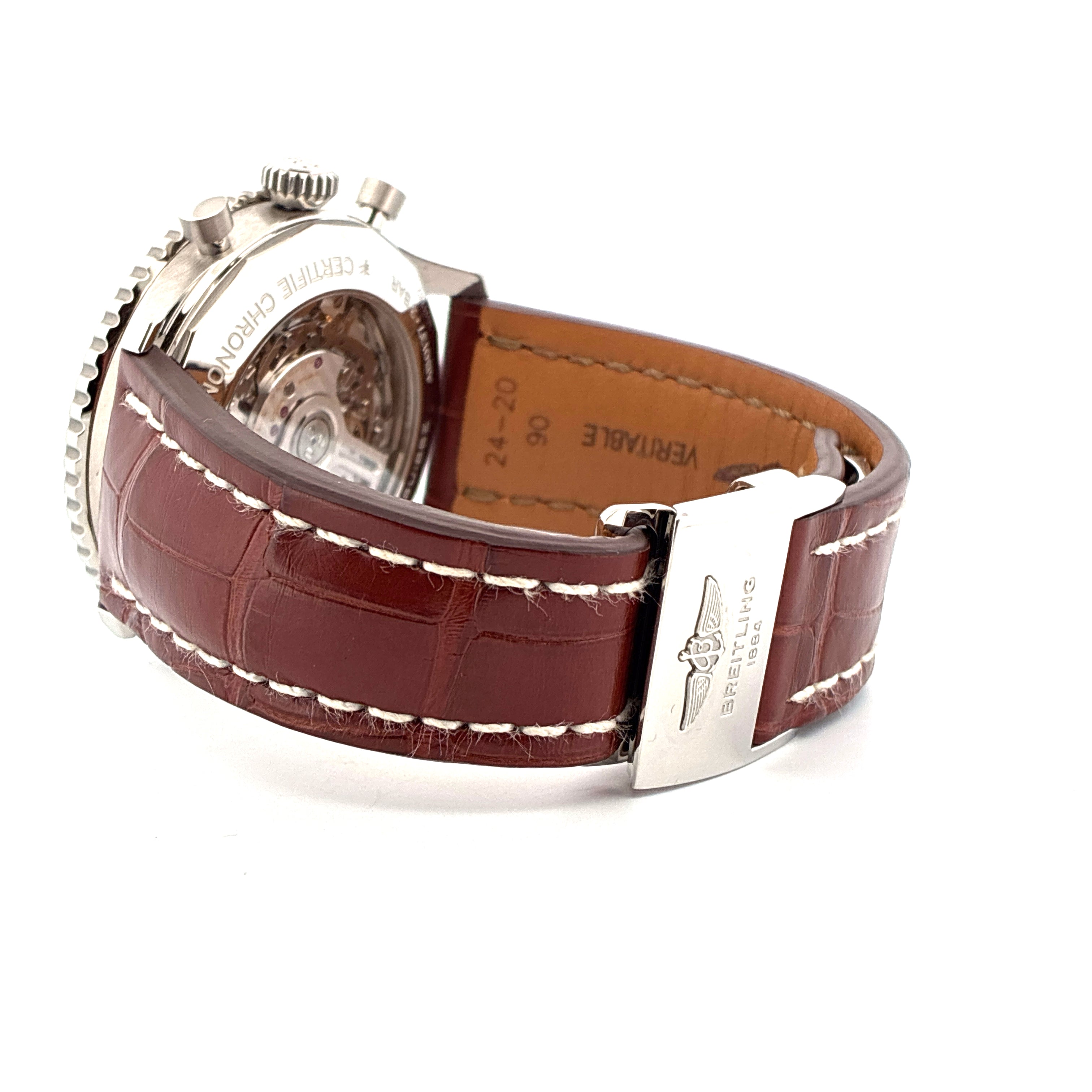 Breitling Navitimer B01 Chronograph 46 Lederarmband braun mit weißer Naht und Dornschließe