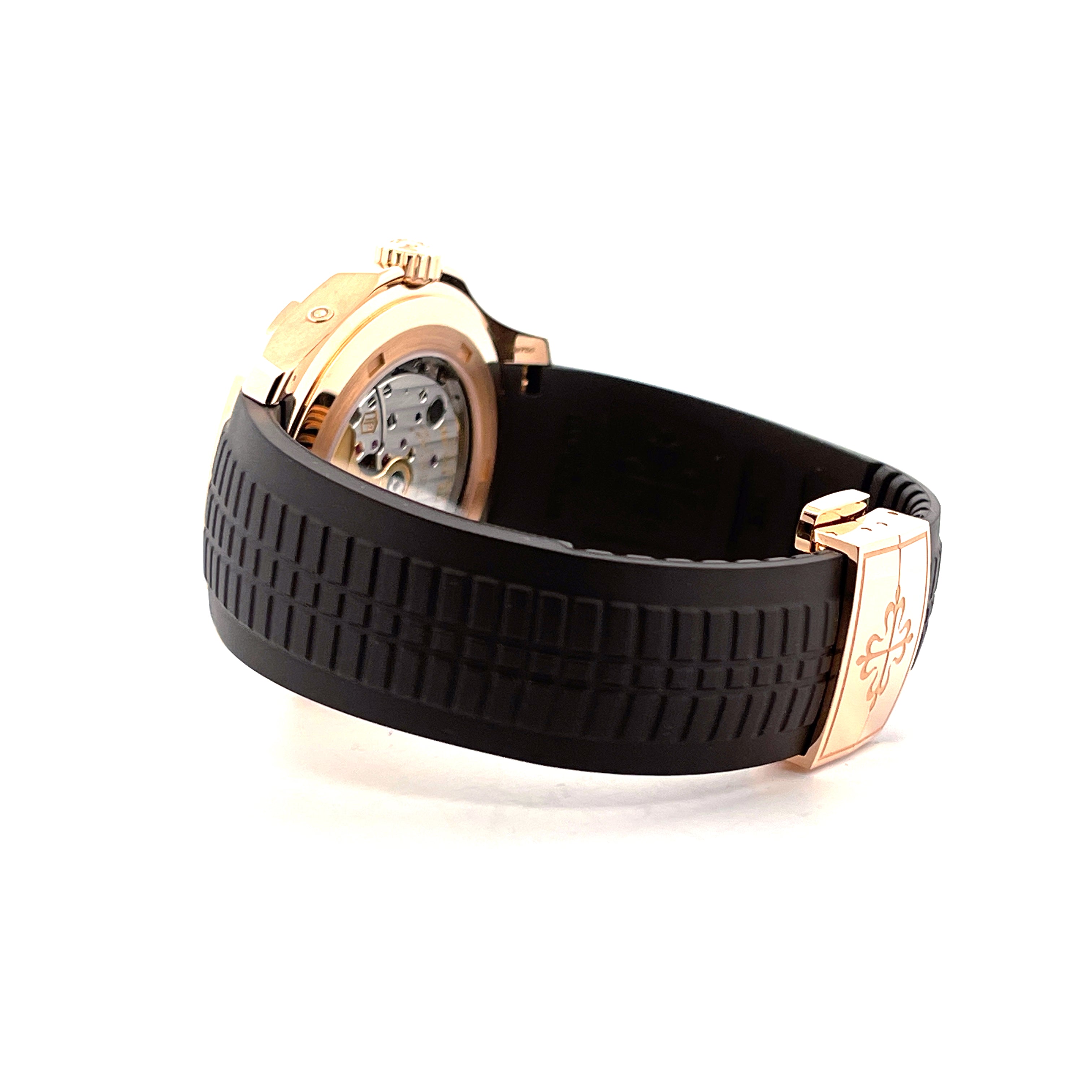 Patek Philippe Aquanaut 5164R-001 Roségold mit schwarzem Kautschukband, Sichtboden im Fokus