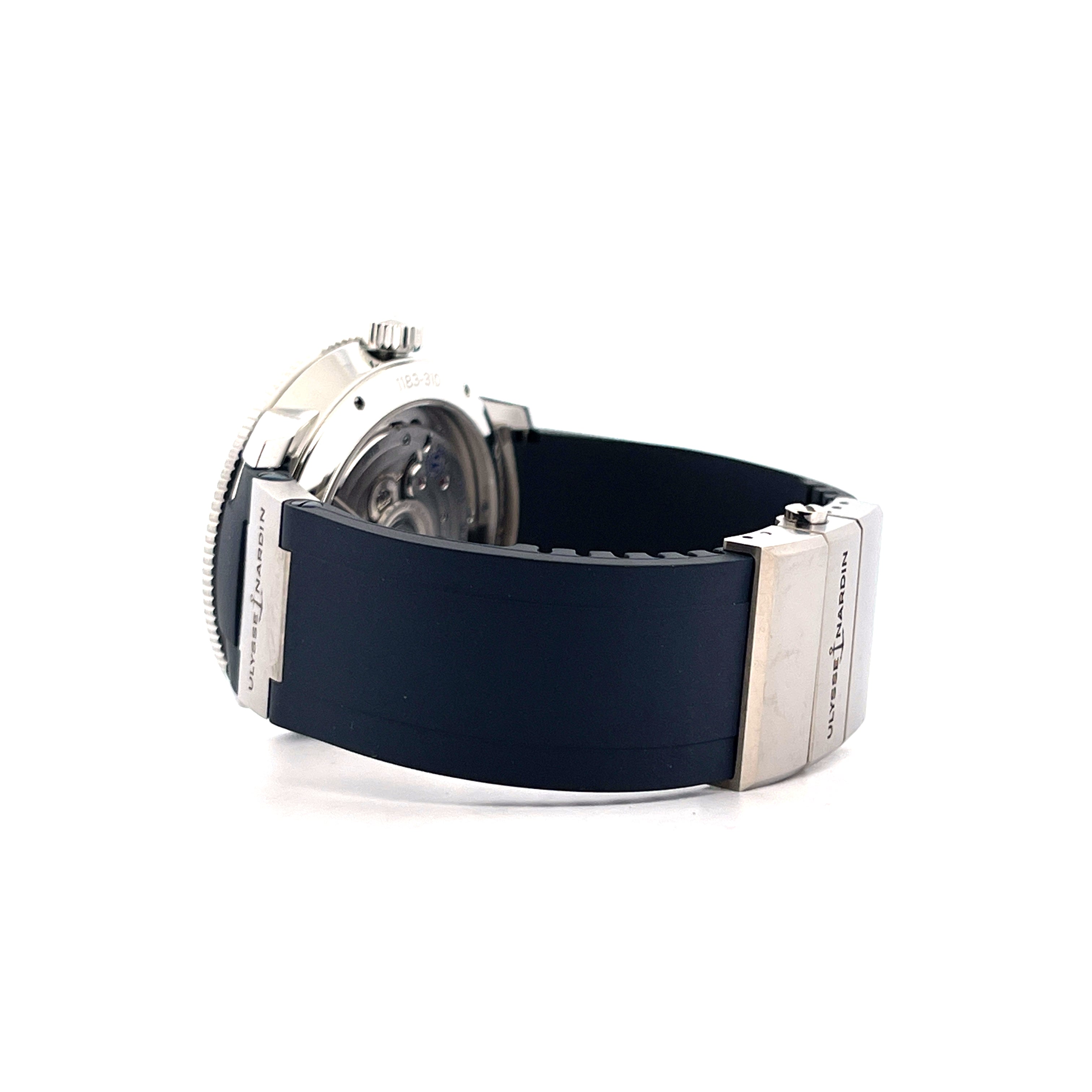 Ulysse Nardin Marine Torpilleur mit schwarzem Kautschukband und Stahlschließe von der Seite