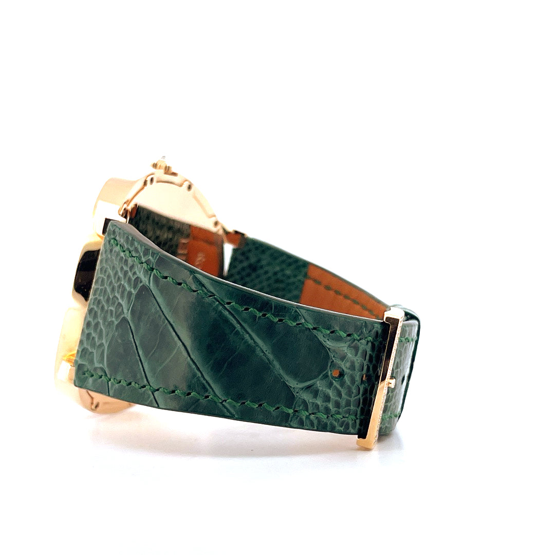 Guy Ellia Round Square Circle Roségold-Uhr mit grünem Krokolederarmband und goldener Schließe von der Seite