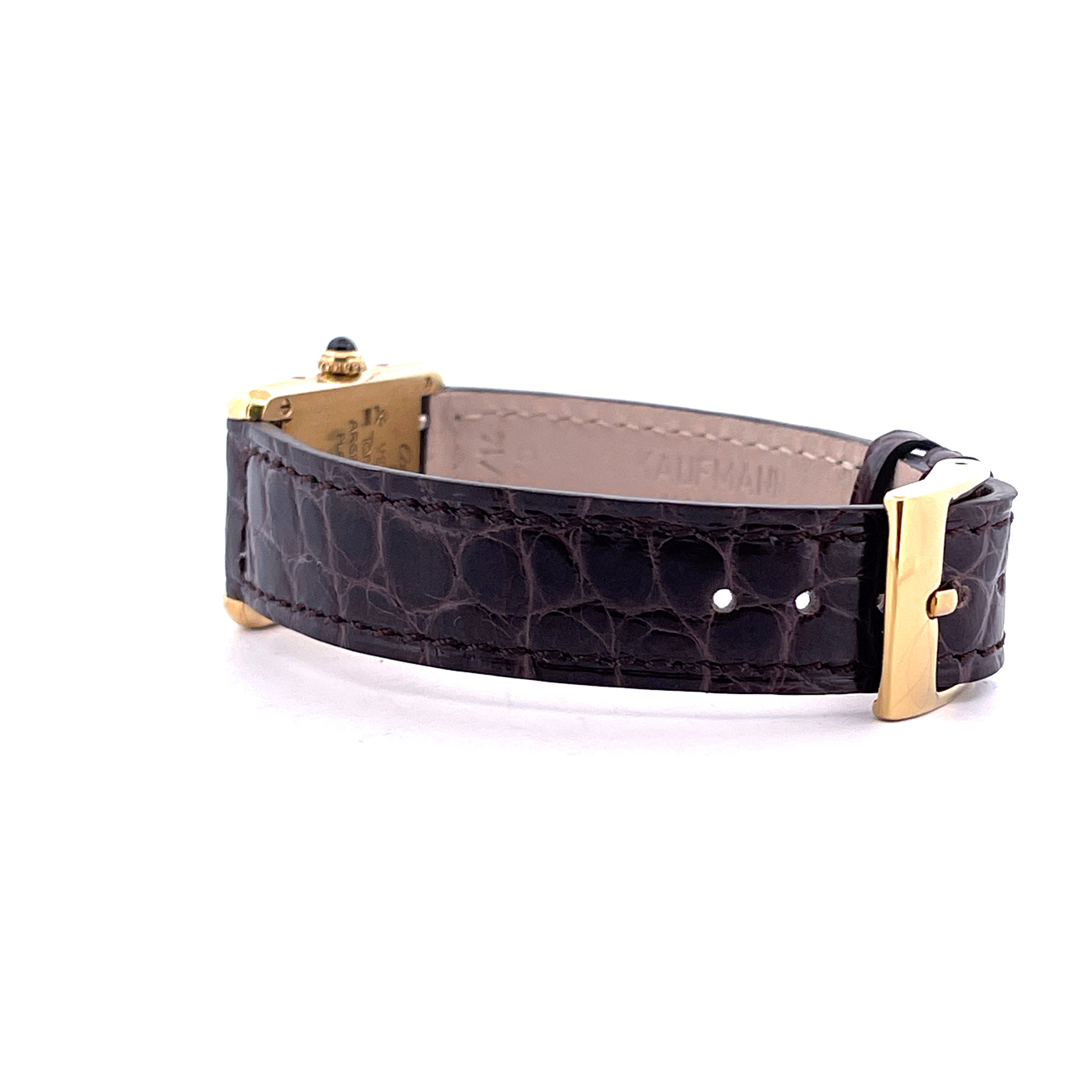 Cartier Tank Vermeil Ref. 5057001 goldfarbenes Gehäuse mit braunem Krokodillederarmband und goldener Schließe