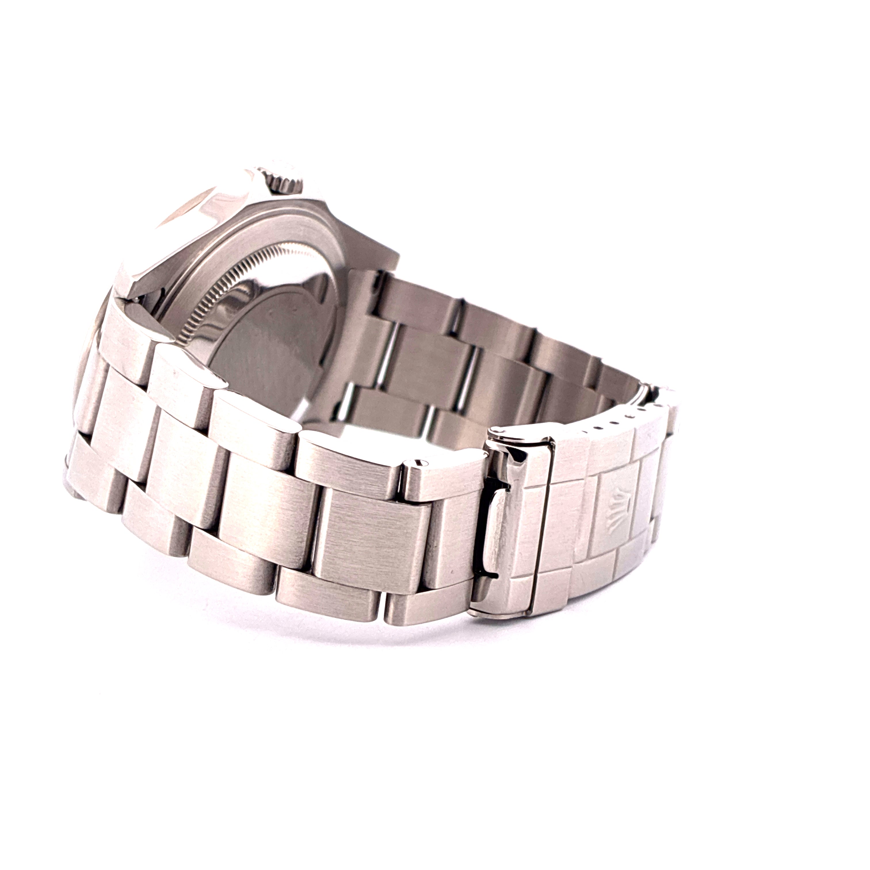 Rolex Explorer II Automatik Edelstahl Armband mit Schließe auf weißem Hintergrund