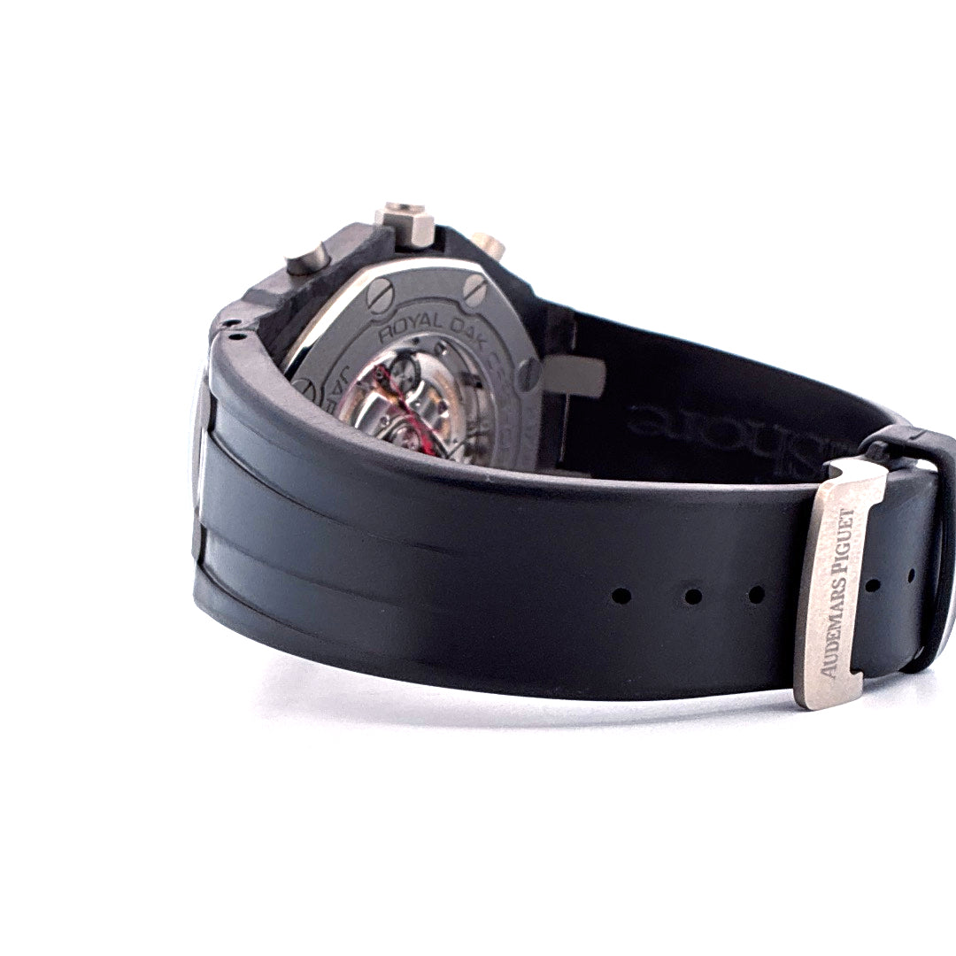 Audemars Piguet Royal Oak Offshore Jarno Trulli Carbon Rückseite mit Werk und schwarzem Kautschukarmband
