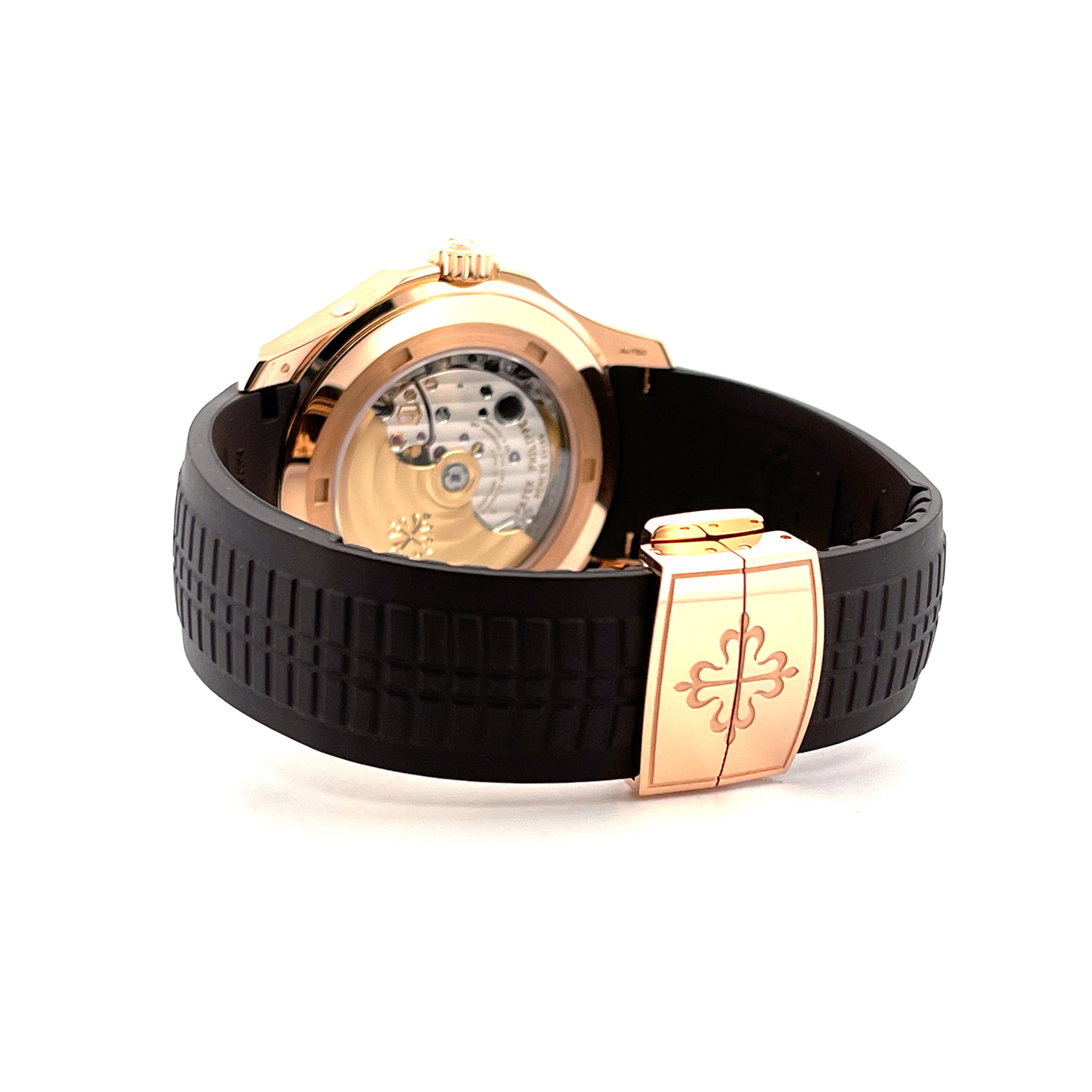 Patek Philippe Aquanaut 5164R Rückseite mit Roségold-Gehäuse, schwarzem Kautschukband und Schließe