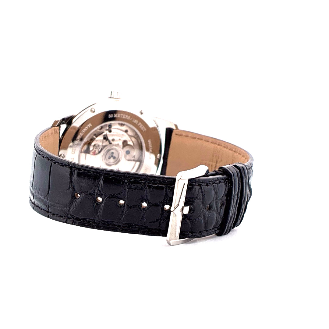 Vulcain 50s Presidents Watch aus Edelstahl mit Automatikwerk und schwarzem Krokoband Rückansicht