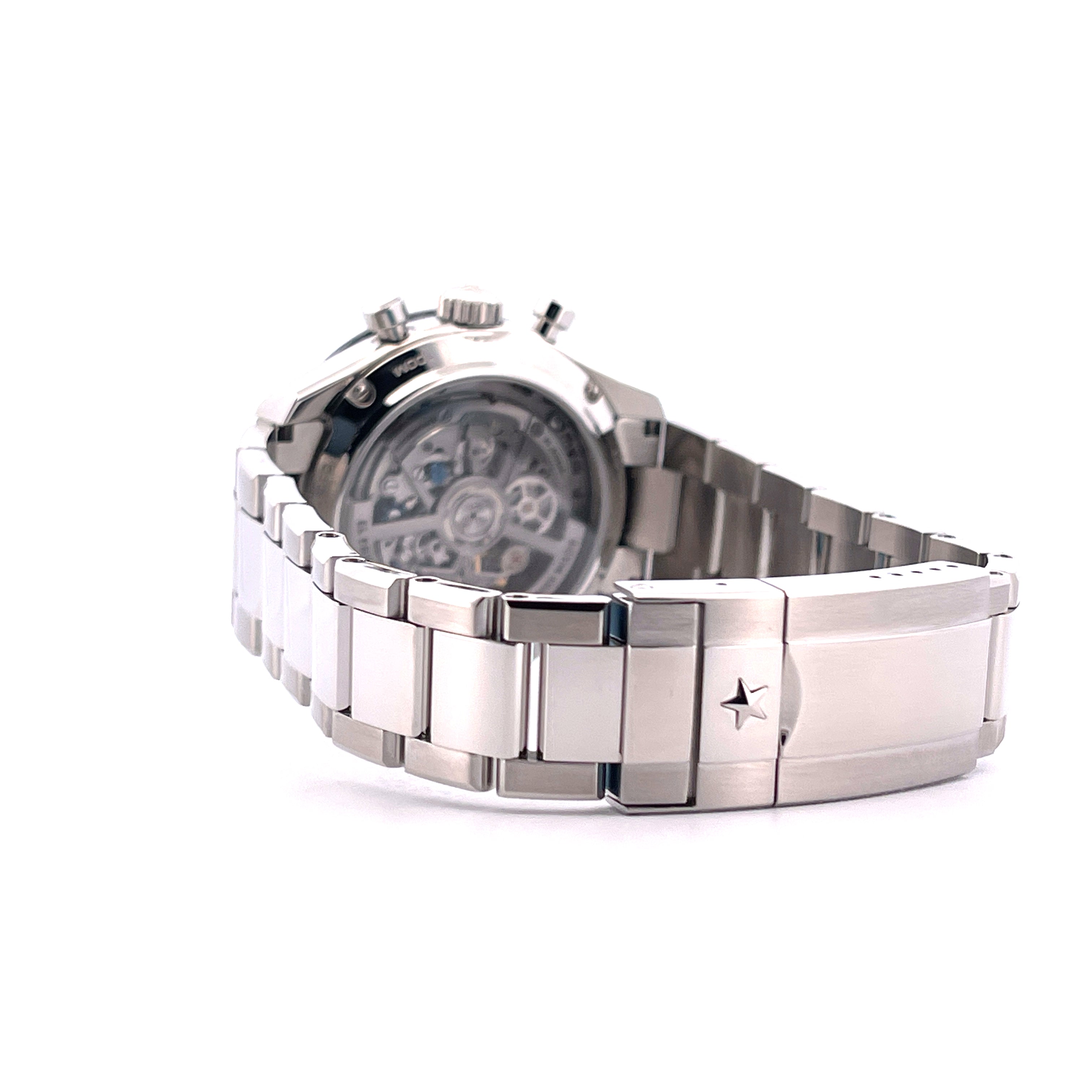 Zenith Chronomaster Sport von der Seite mit Sichtboden und Edelstahlarmband