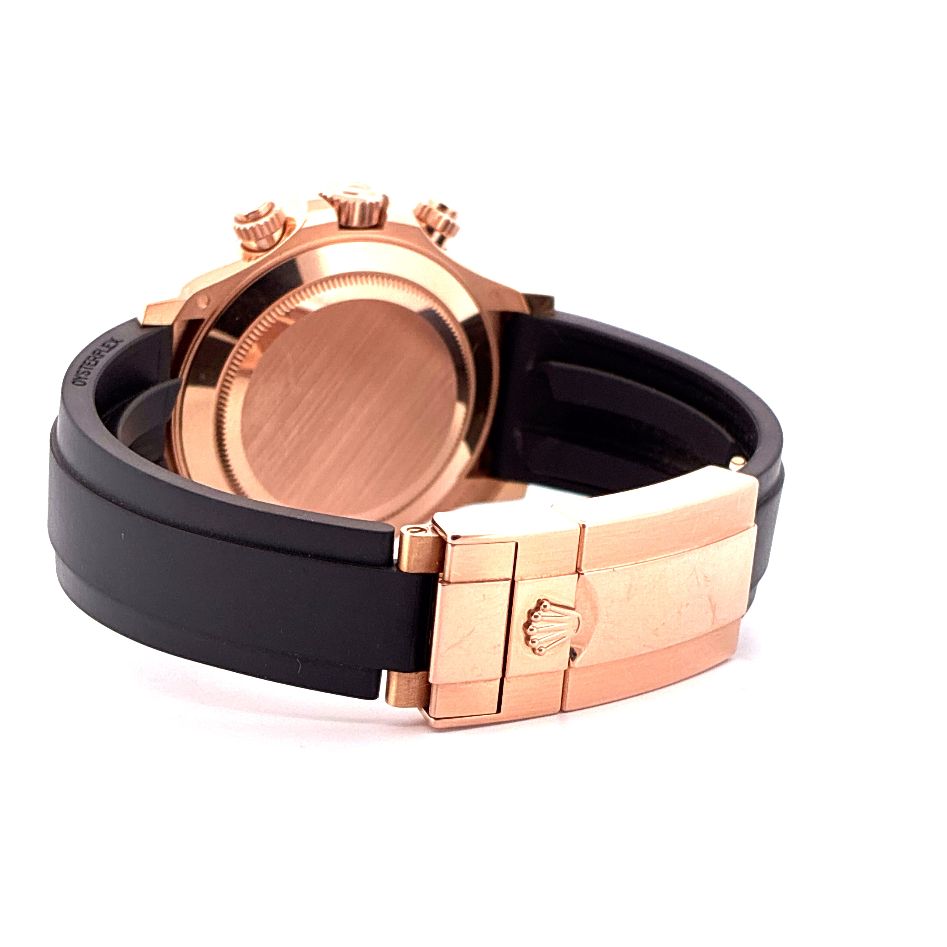 Rolex Daytona Oysterflex Roségold Rückansicht mit Schließe und schwarzem Armband