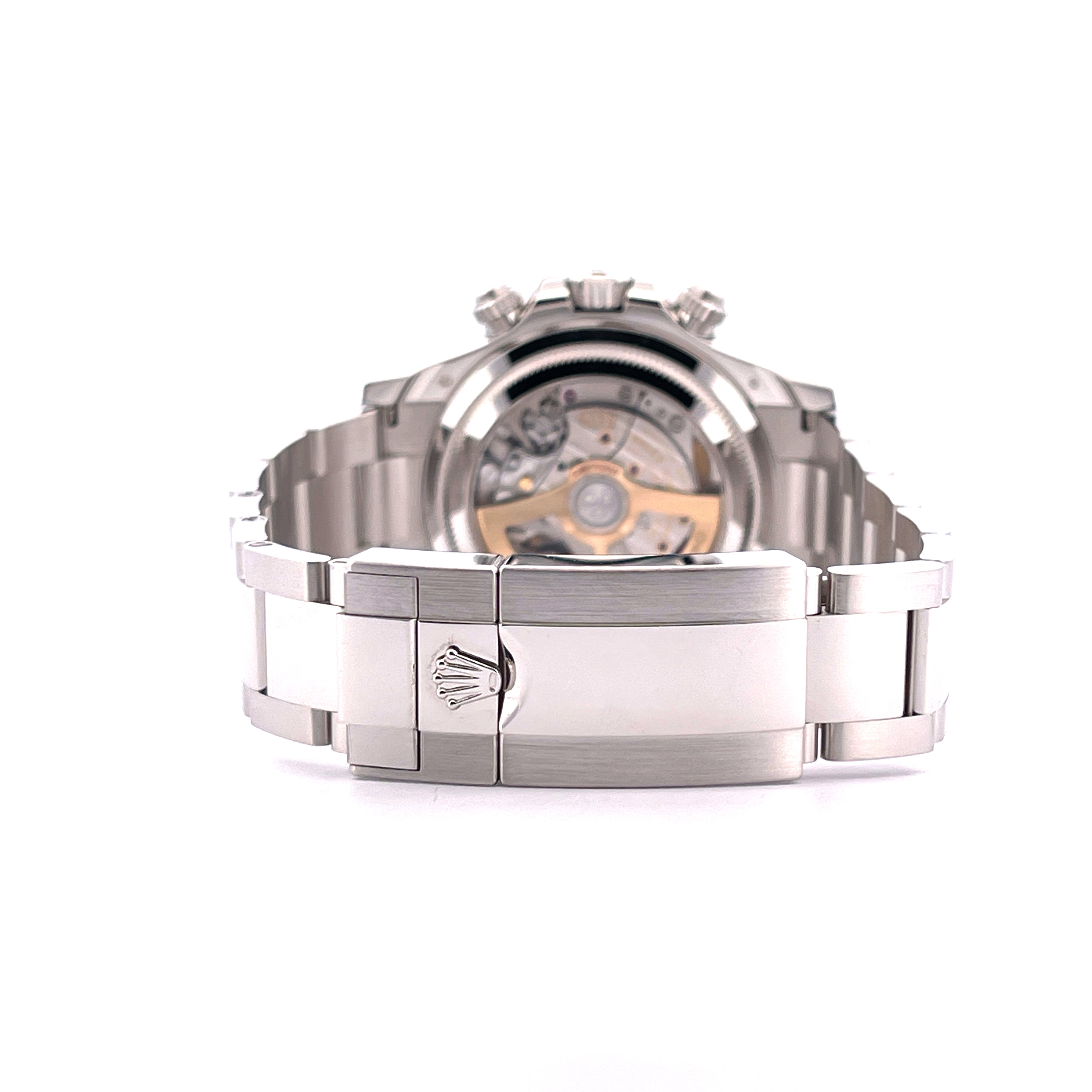 Rückansicht einer Rolex Daytona Platin Ice Blue Uhr mit Sichtboden und Schließe