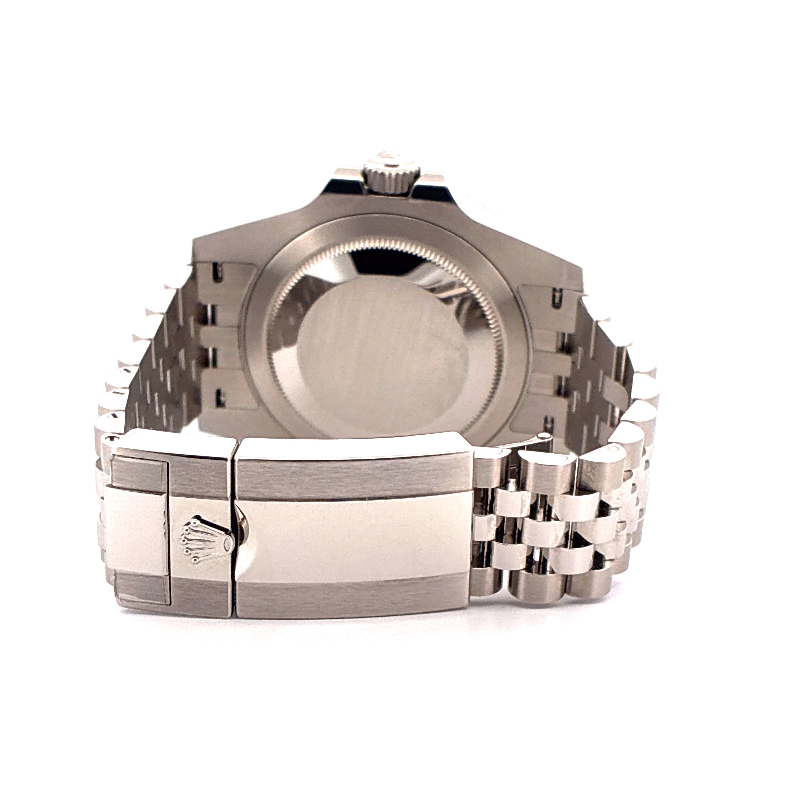 Rückansicht einer Rolex GMT-Master II Edelstahl Automatik Uhr mit Jubilee Armband und Schließe