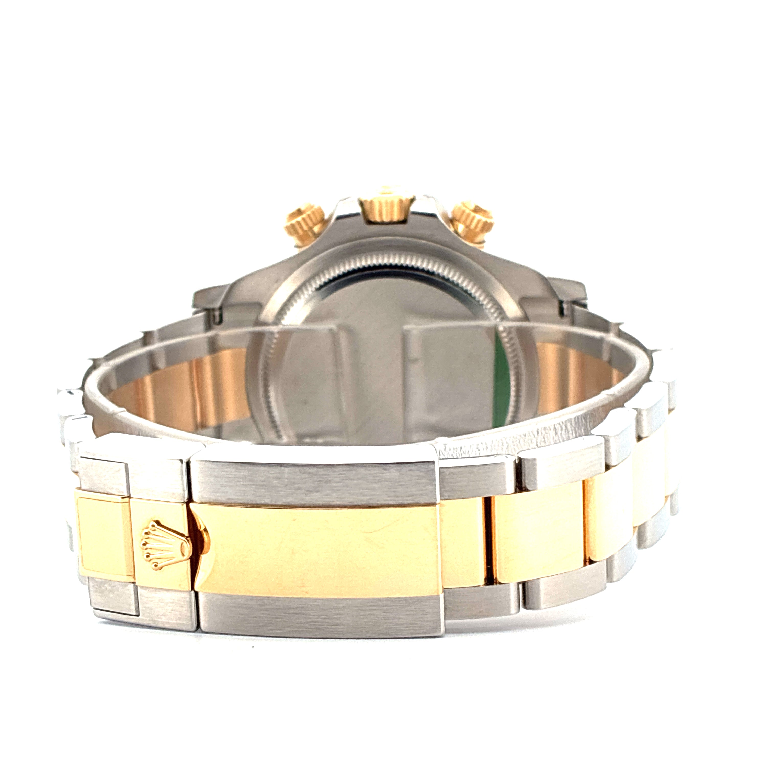 Rolex Daytona von der Seite mit bicolor Stahl-Gold-Armband und Schließe mit Krone