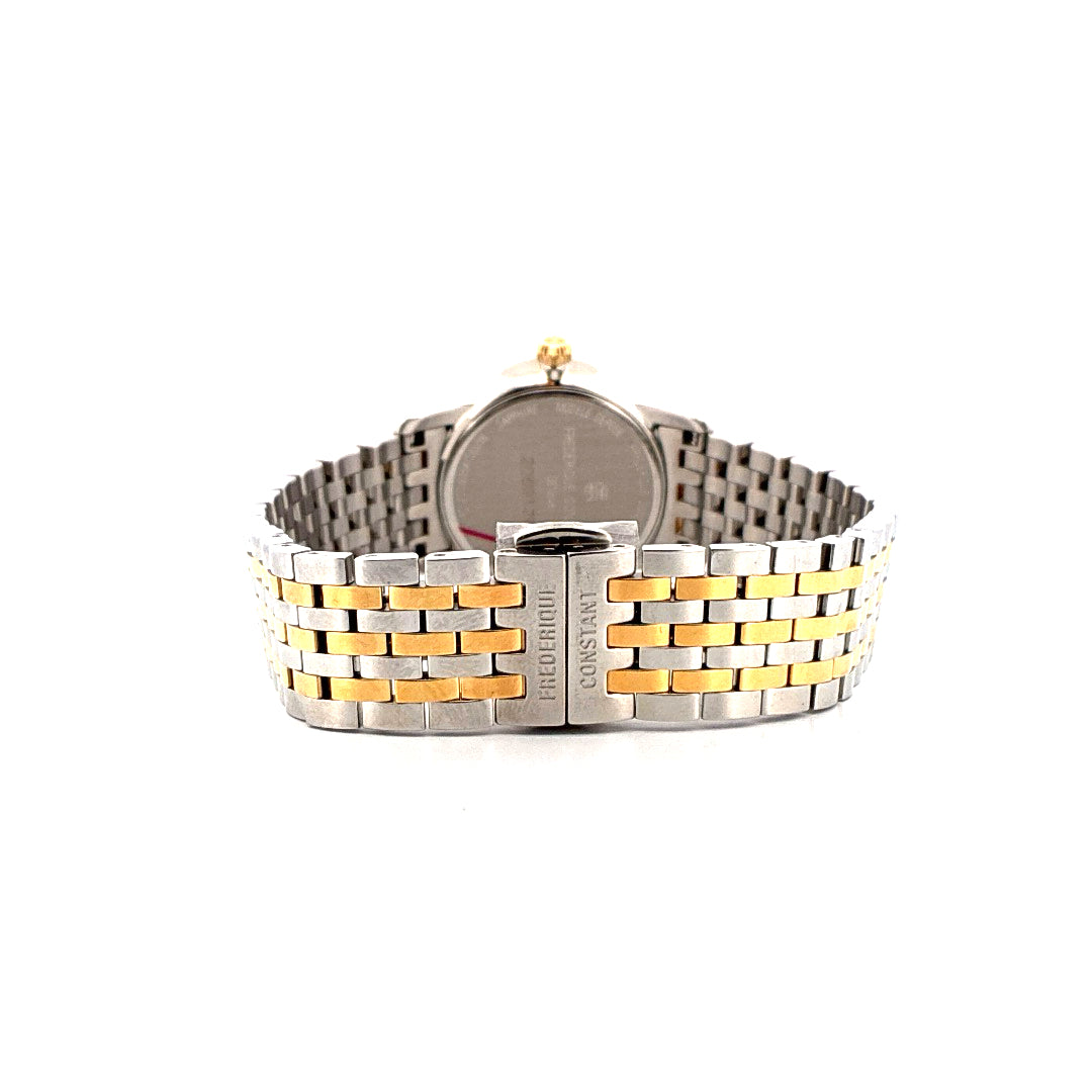 Rückansicht eines Frederique Constant Damen Slimline Mid Size mit zweifarbigen Edelstahlarmband und Schließe