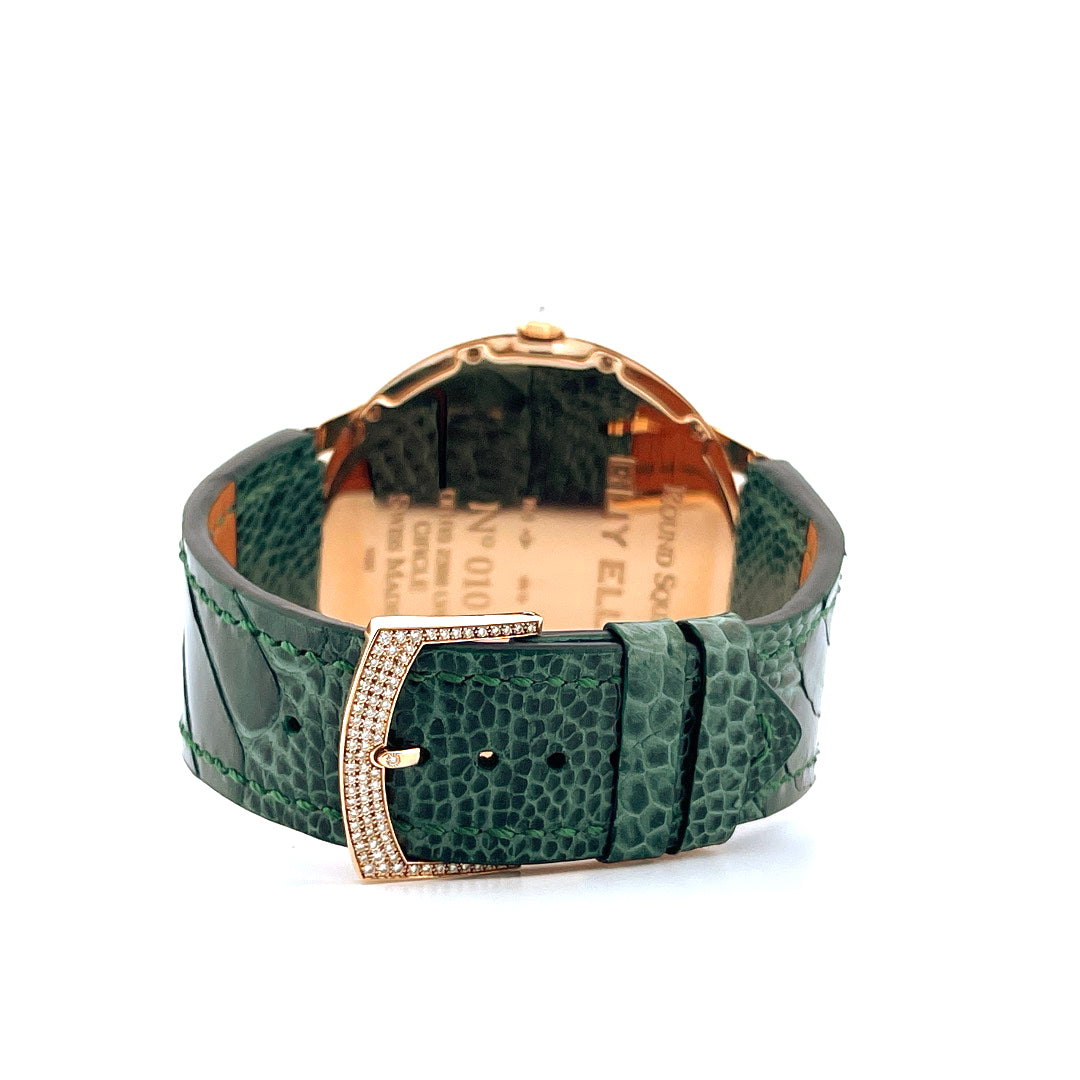 Guy Ellia Round Square Circle Uhr, Rückseite mit grünem Kroko-Armband und Diamant-Schließe