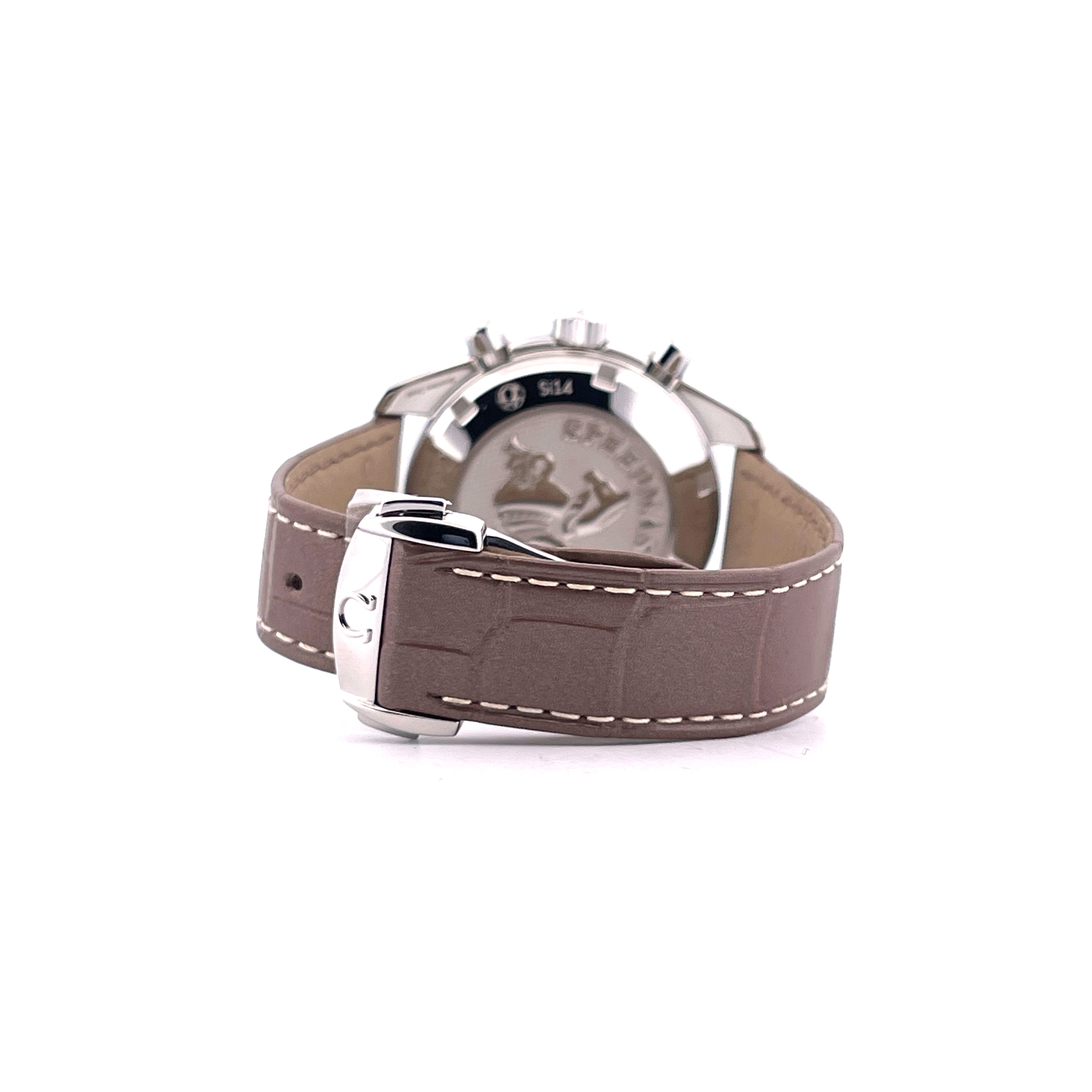 Rückansicht einer Omega Speedmaster Lady 38 mit braunem Lederarmband und polierter Edelstahlschließe