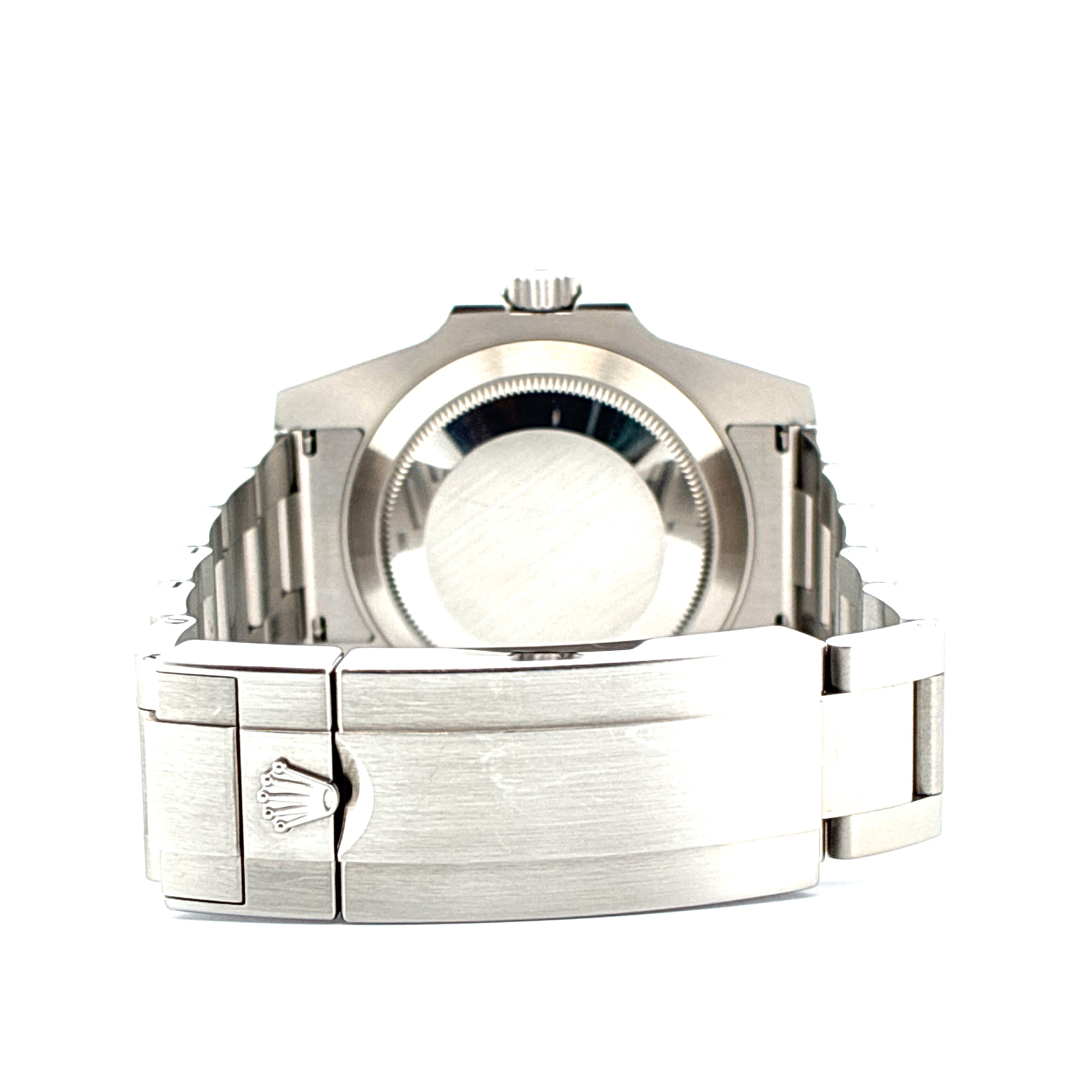 Rückseitenansicht einer Rolex Submariner Date Hulk aus Stahl mit Sichtboden und Schließe