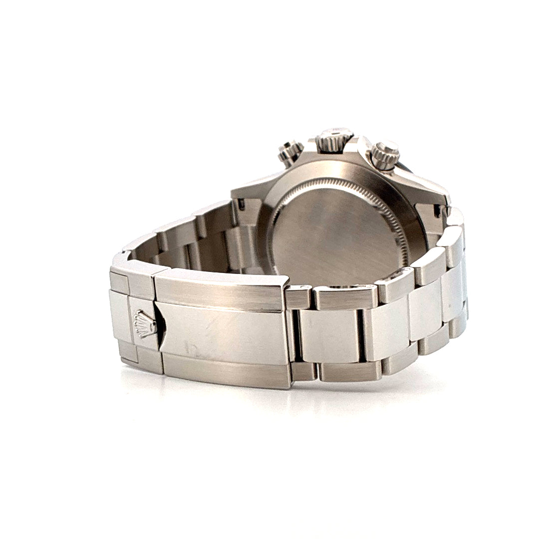 Rolex Daytona 2021 mit Edelstahlgehäuse und Armband, Rückansicht mit Krone