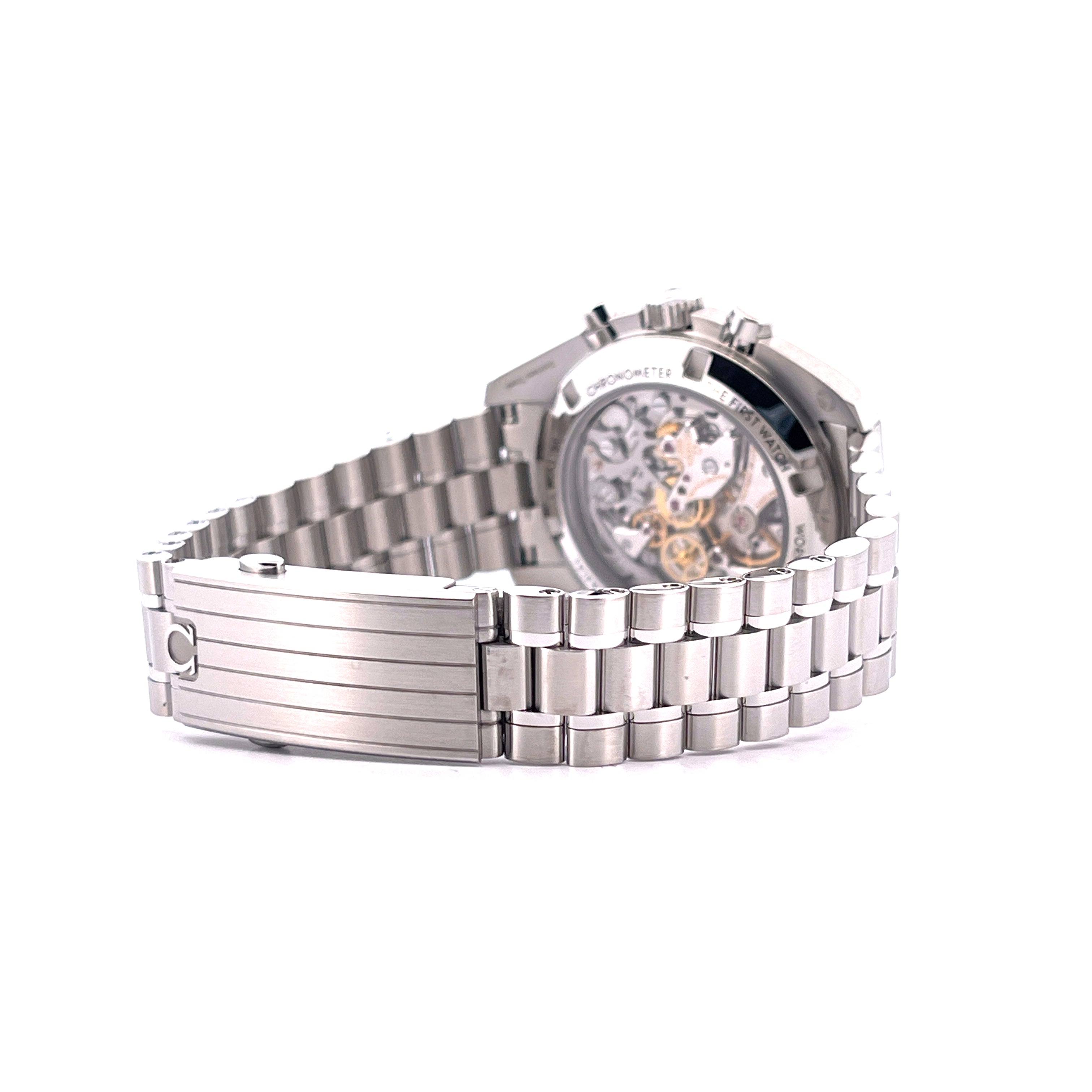 Omega Speedmaster Professional Moonwatch mit Edelstahlarmband, Rückansicht mit Sichtboden und sichtbarem Werk