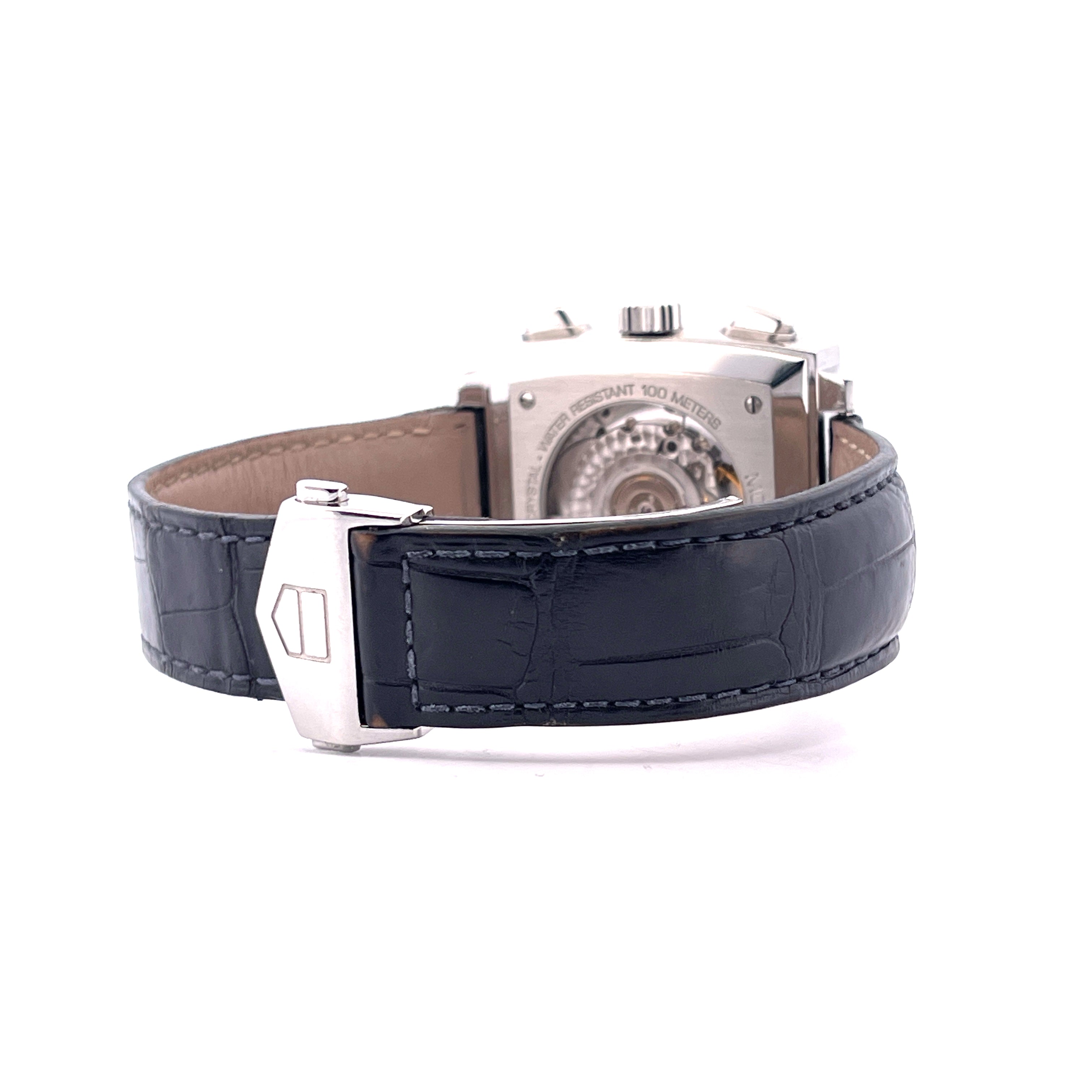 Tag Heuer Monaco CAW2111 mit blauem Lederband und silberner Schließe, Rückansicht