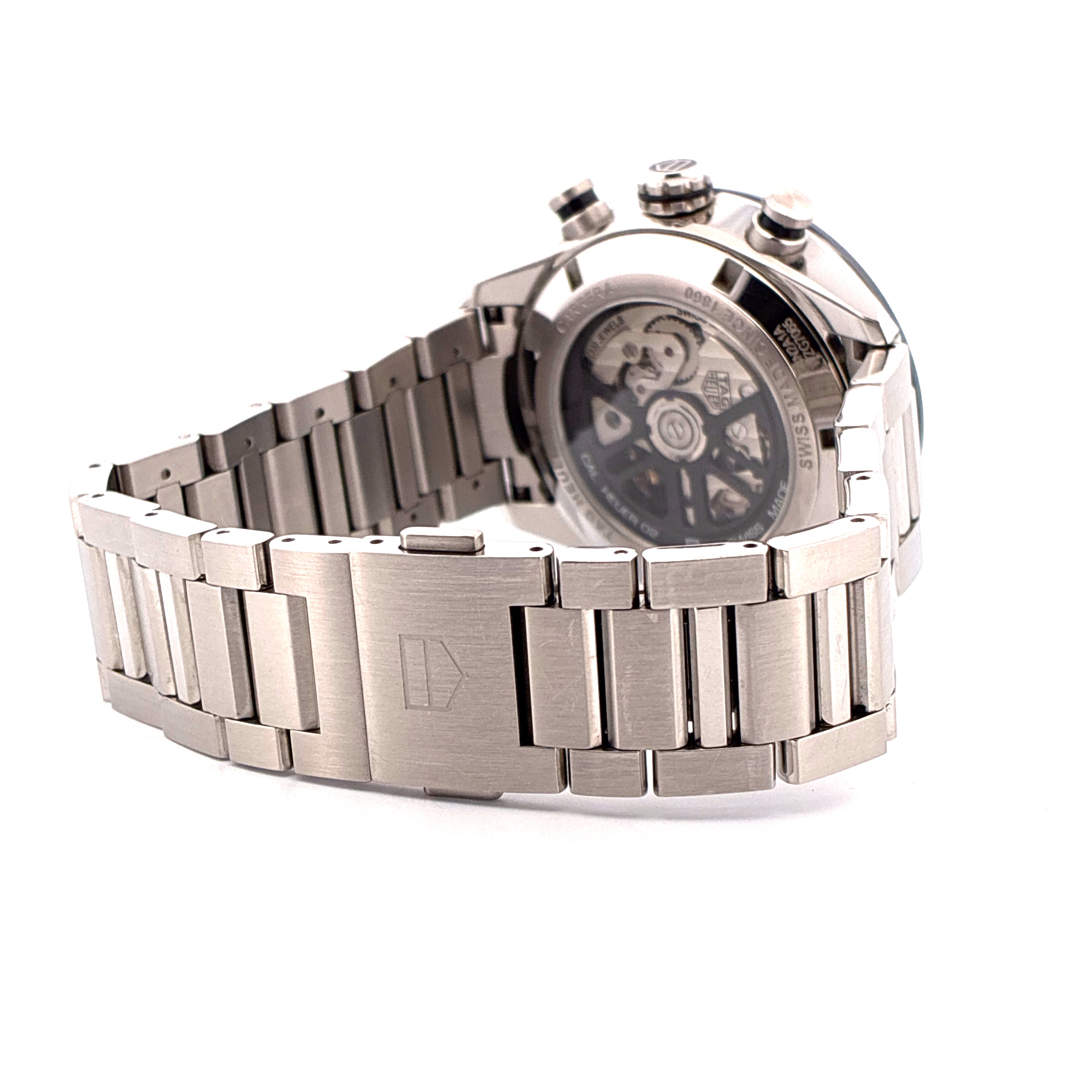 Tag Heuer Carrera Stahl Armband Rückansicht mit Sichtsichtboden auf weißem Hintergrund
