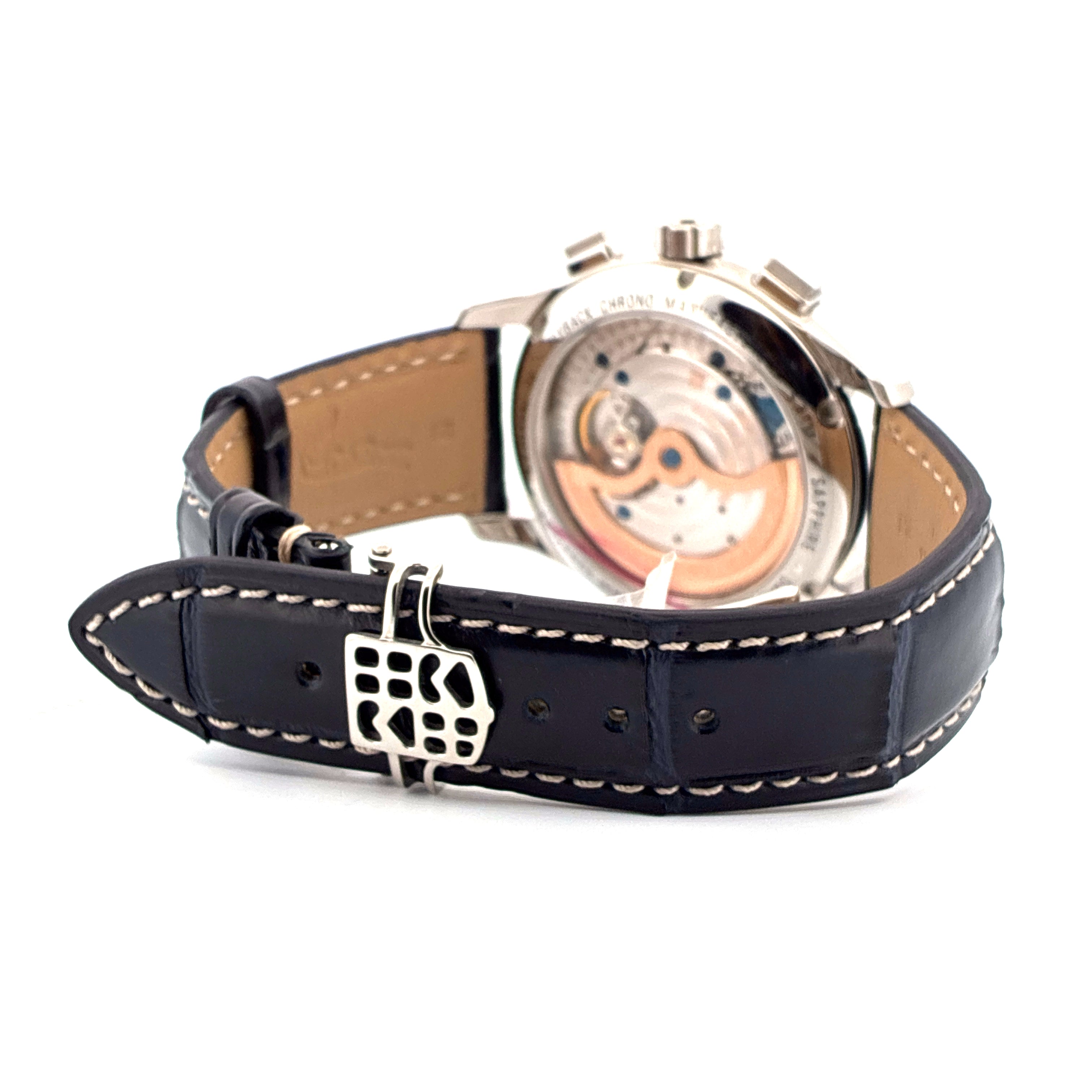 Frederique Constant Manufacture Flyback Chronograph Rückseite mit roséfarbenem Werk und schwarzem Lederarmband