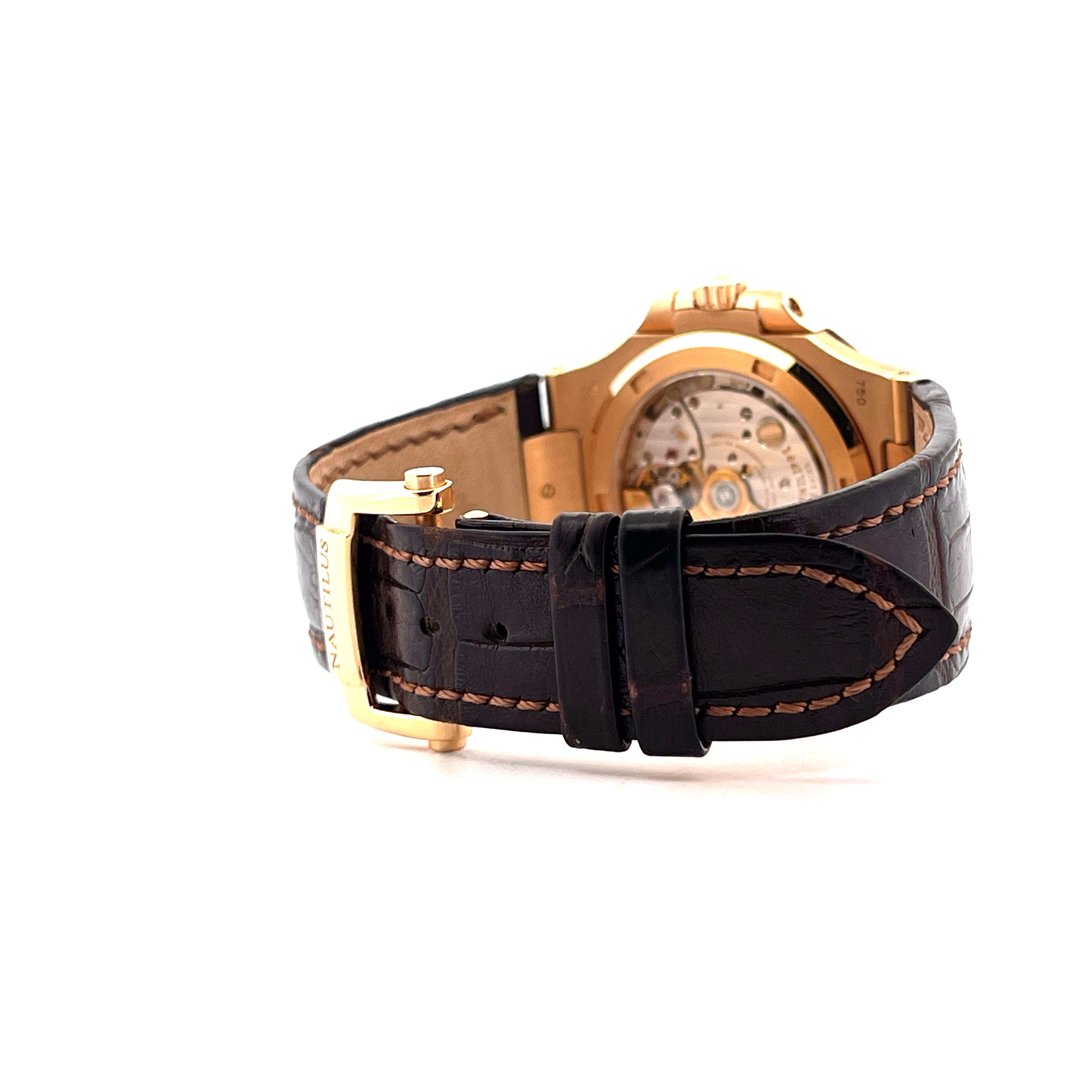 Patek Philippe Nautilus 5711R-001 Rückansicht mit braunem Kroko-Lederarmband und goldener Schließe