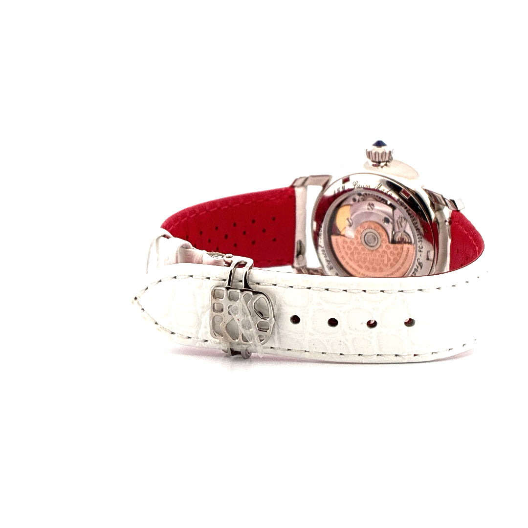 Frederique Constant Ladies Automatic Double Heart Beat 34mm neu: Seitenansicht des Gehäuses aus Edelstahl, rotem Innen- un…