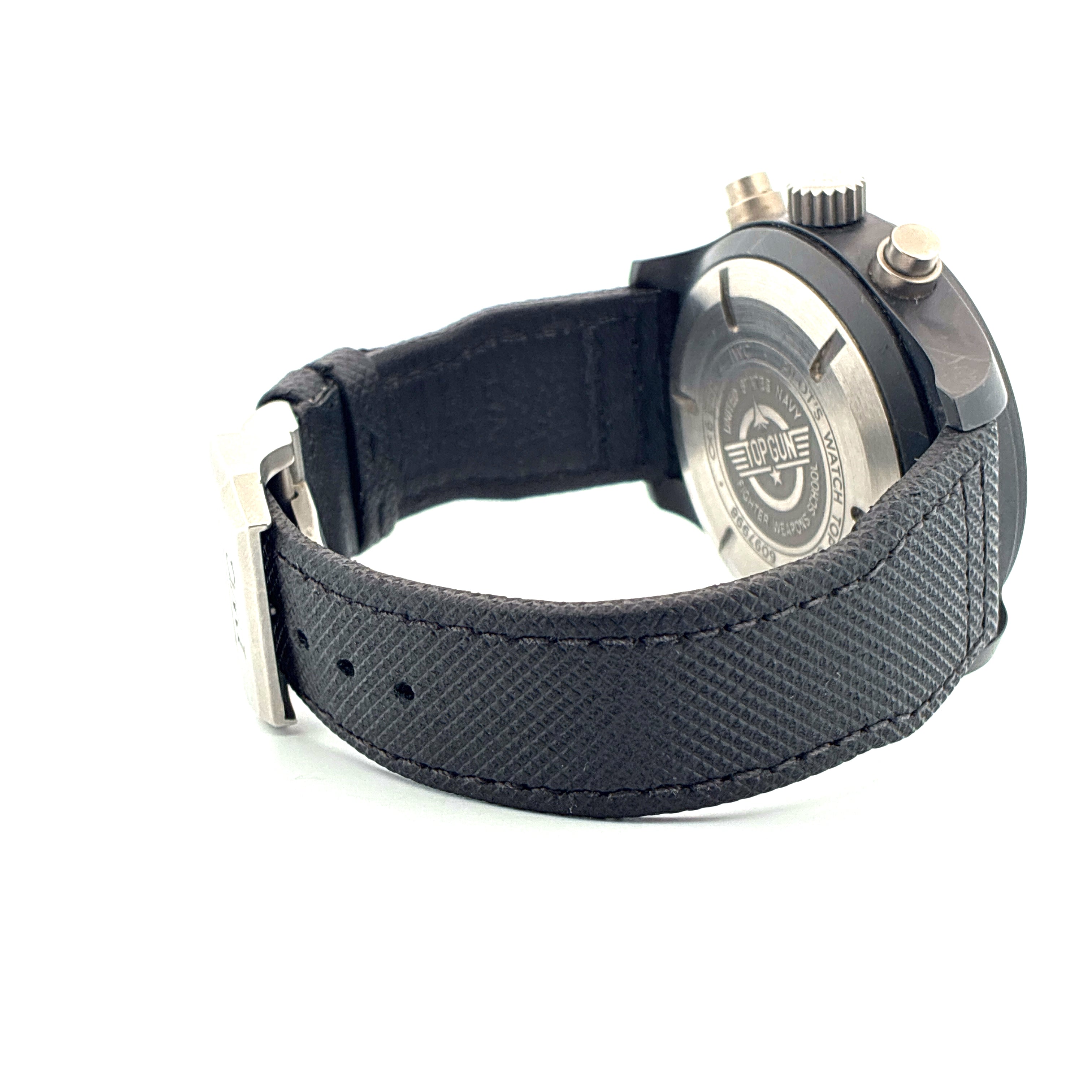 IWC Fliegeruhr Chronograph Top Gun, schwarzes Keramikgehäuse mit schwarzem Armband, Rückseite sichtbar