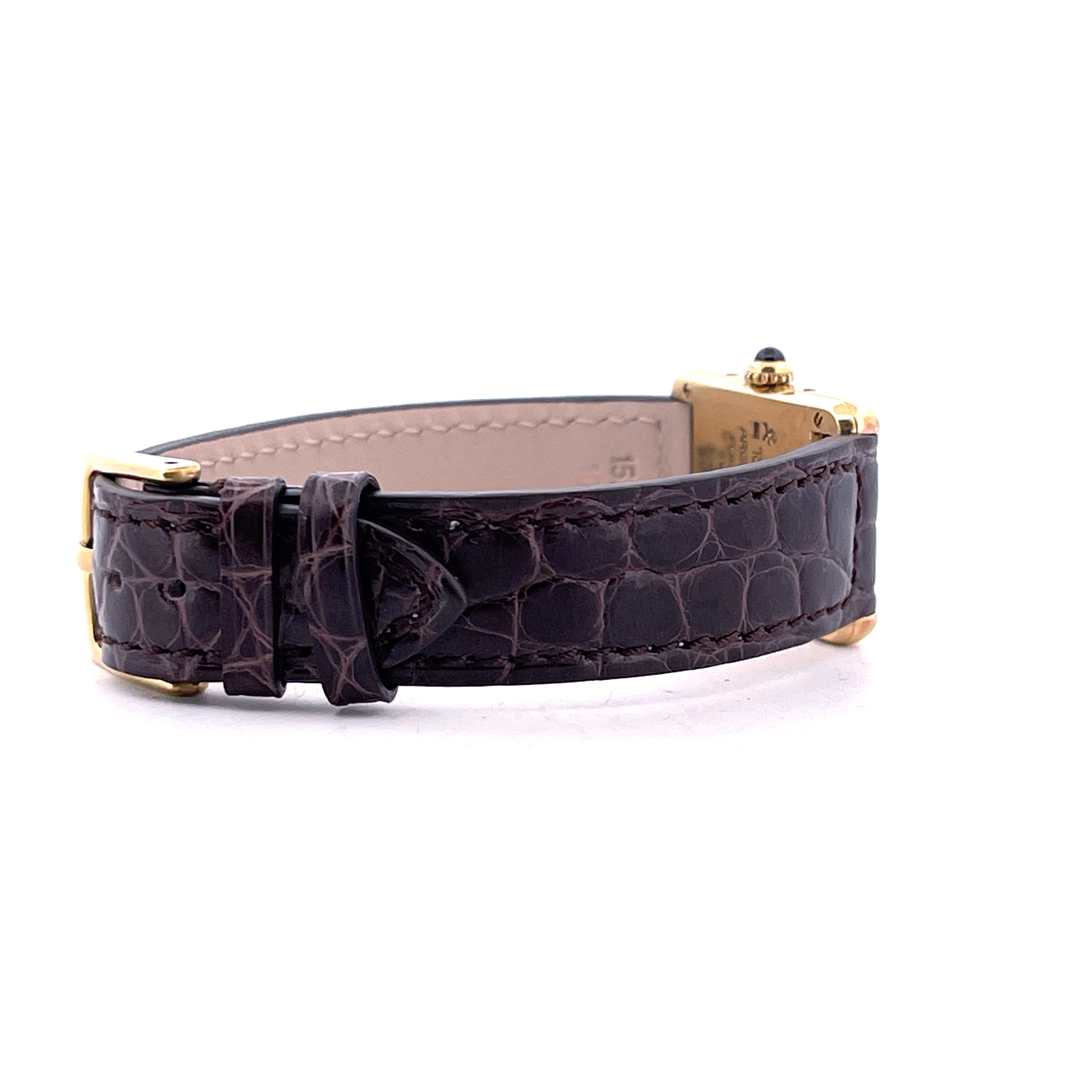 Cartier Tank Vermeil Ref. 5057001 mit braunem Krokolederarmband von der Seite