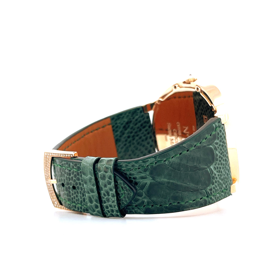 Guy Ellia Round Square Circle Roségold-Uhr mit grünem Krokodil-Lederarmband und Diamant-Schnalle