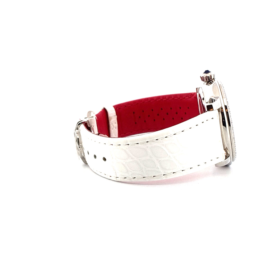 Seitenansicht einer neuen Frederique Constant Ladies Automatic Double Heart Beat 34mm mit weißem Kroko-Armband