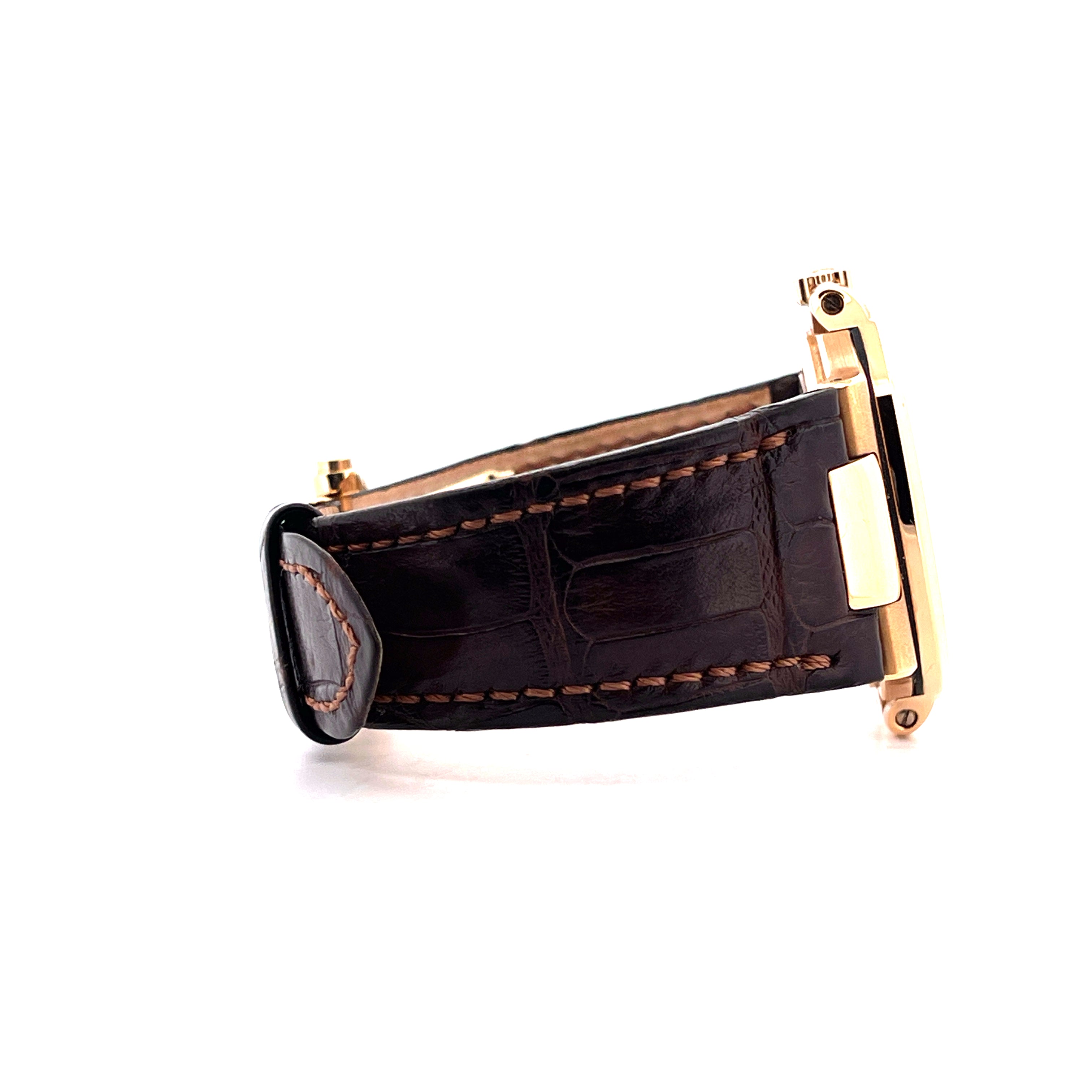 Patek Philippe Nautilus 5711R-001 Roségold Gehäuse mit dunkelbraunem Kroko-Armband von der Seite