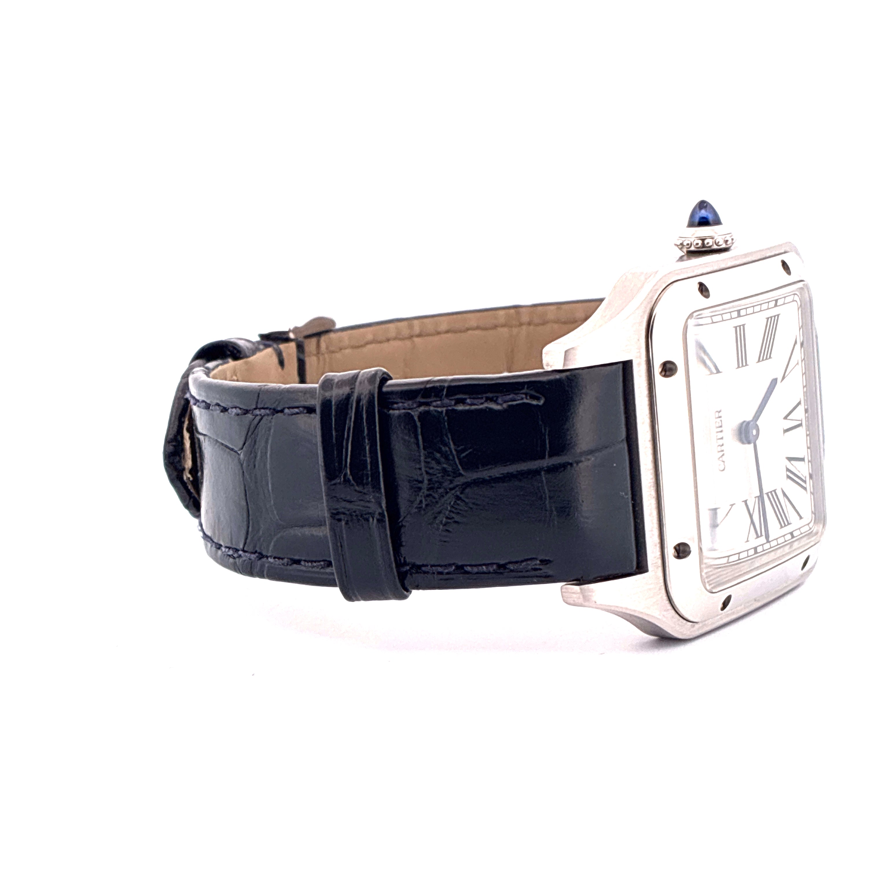 Cartier Santos Dumont mit silbernem Zifferblatt und blauem Lederarmband aus Edelstahl