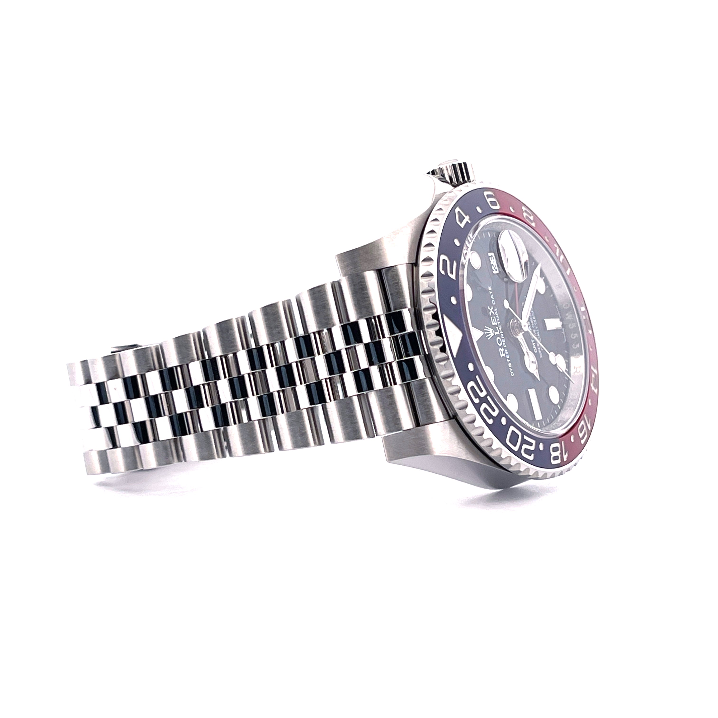 Rolex GMT-Master II Pepsi Jubilee Edelstahl von der Seite mit blau-roter Lünette und silbernem Jubilé-Armband
