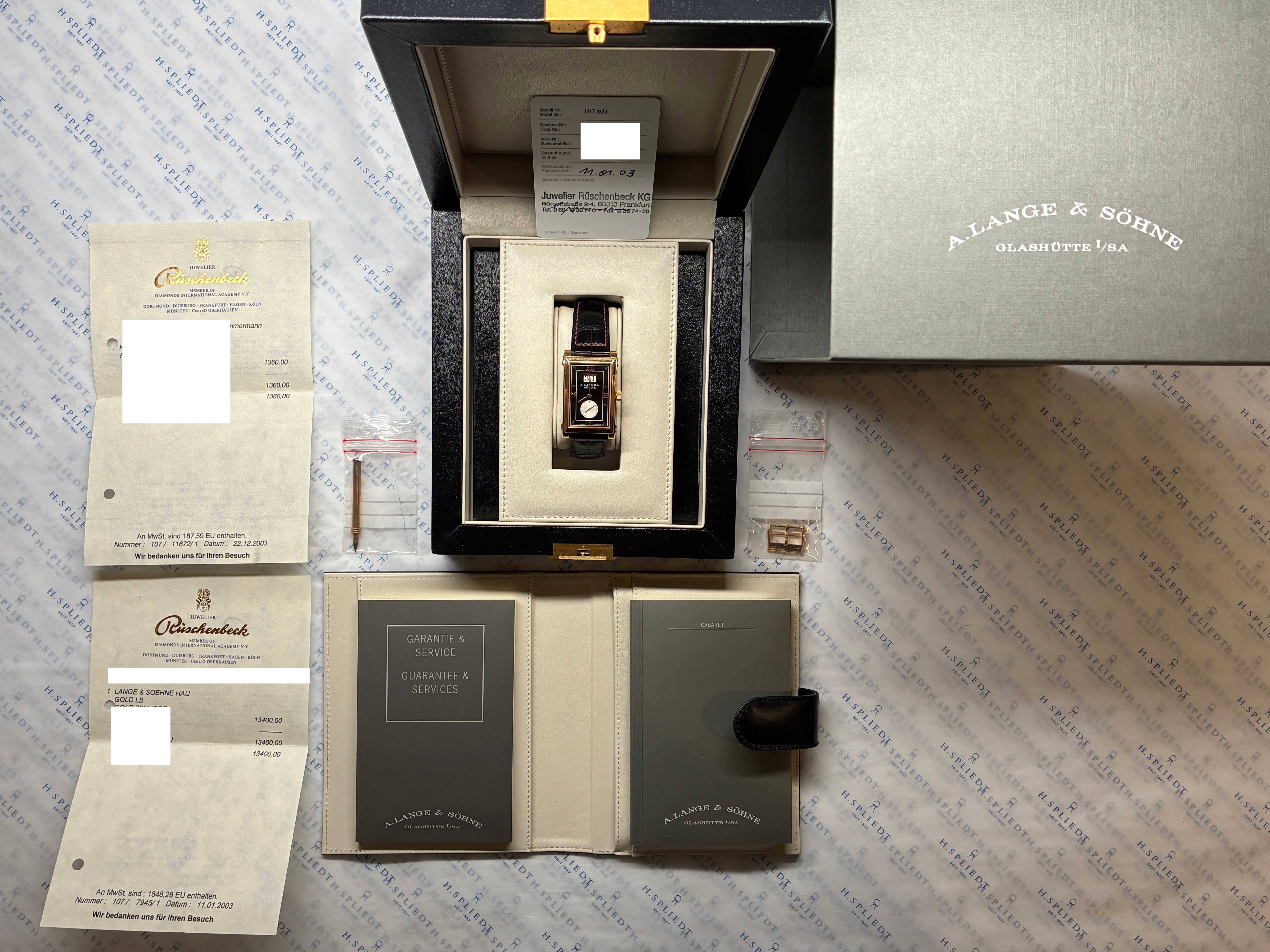 Cabaret / Folding clasp / Pin buckle / Panorama Date / Roségold / First Invoice / leather strap / Pusher / Black Dial Full-Set / 2003