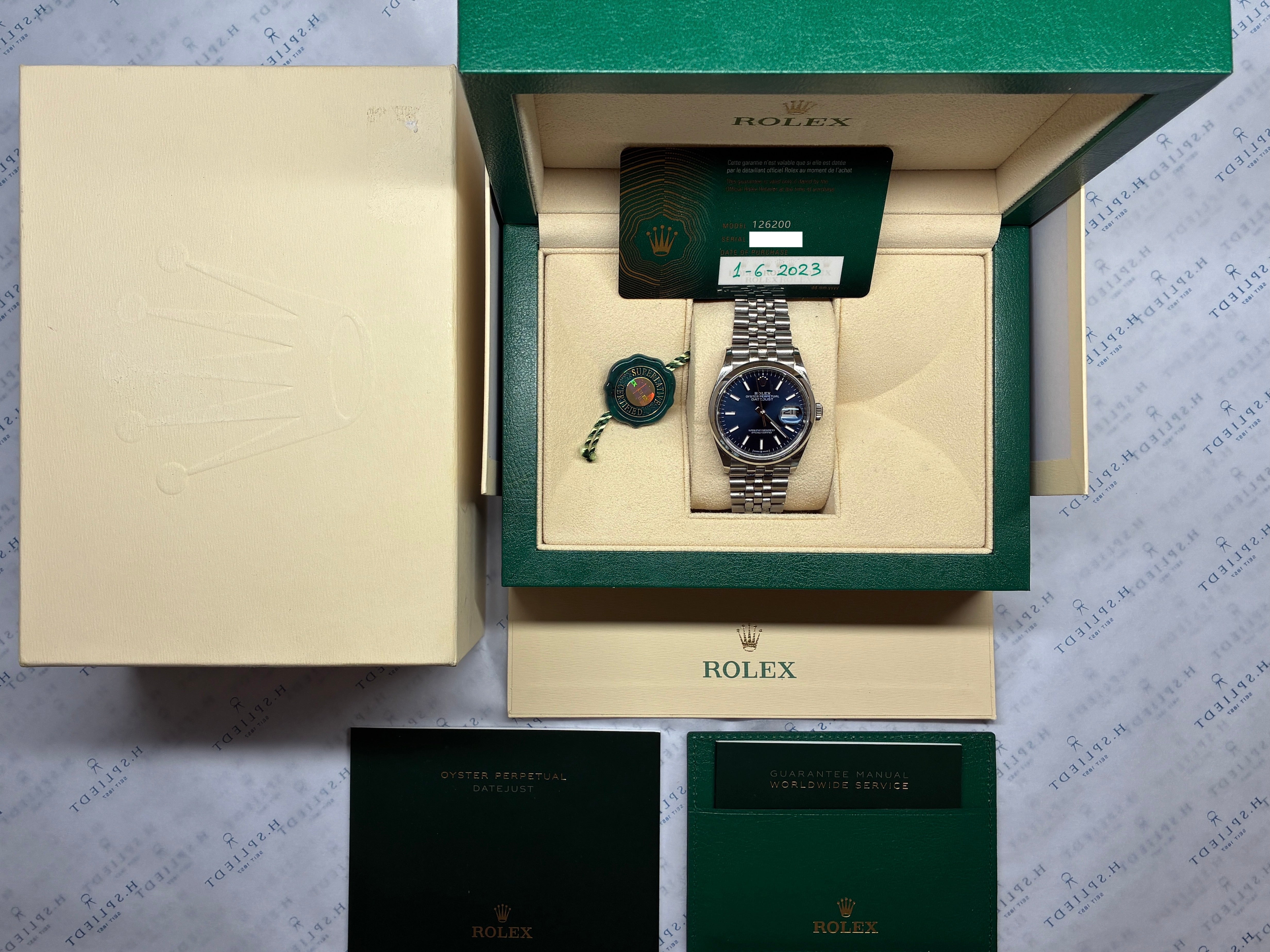 Rolex Datejust 36mm Stahl mit blauem Zifferblatt und Jubilee-Armband im Full-Set mit Box und Papieren aus 2023